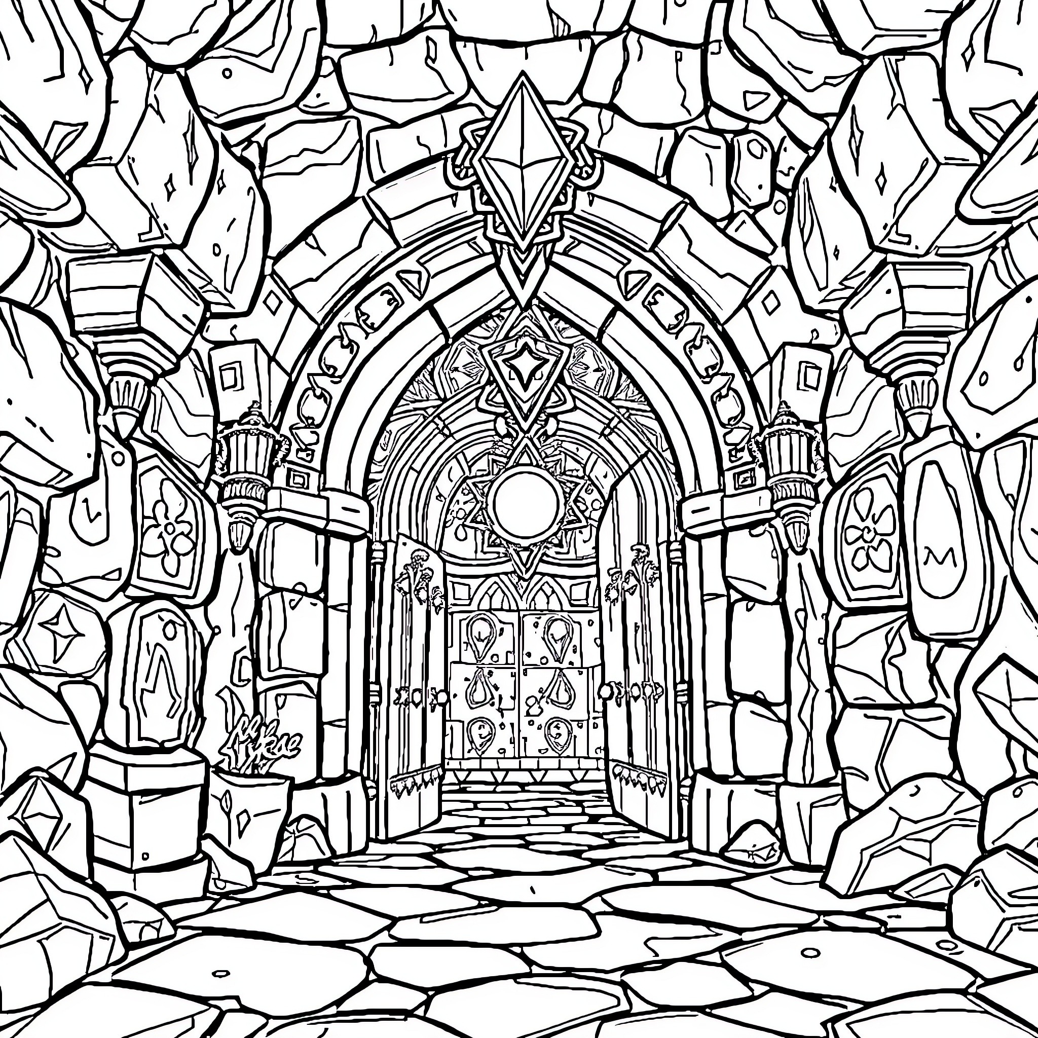 Dungeon Entrance with Intricate Archway and Decorations Coloring Page (free black-and-white line drawing printable PDF for all, from beginners to advanced learners, including children, teens, adults, and seniors)