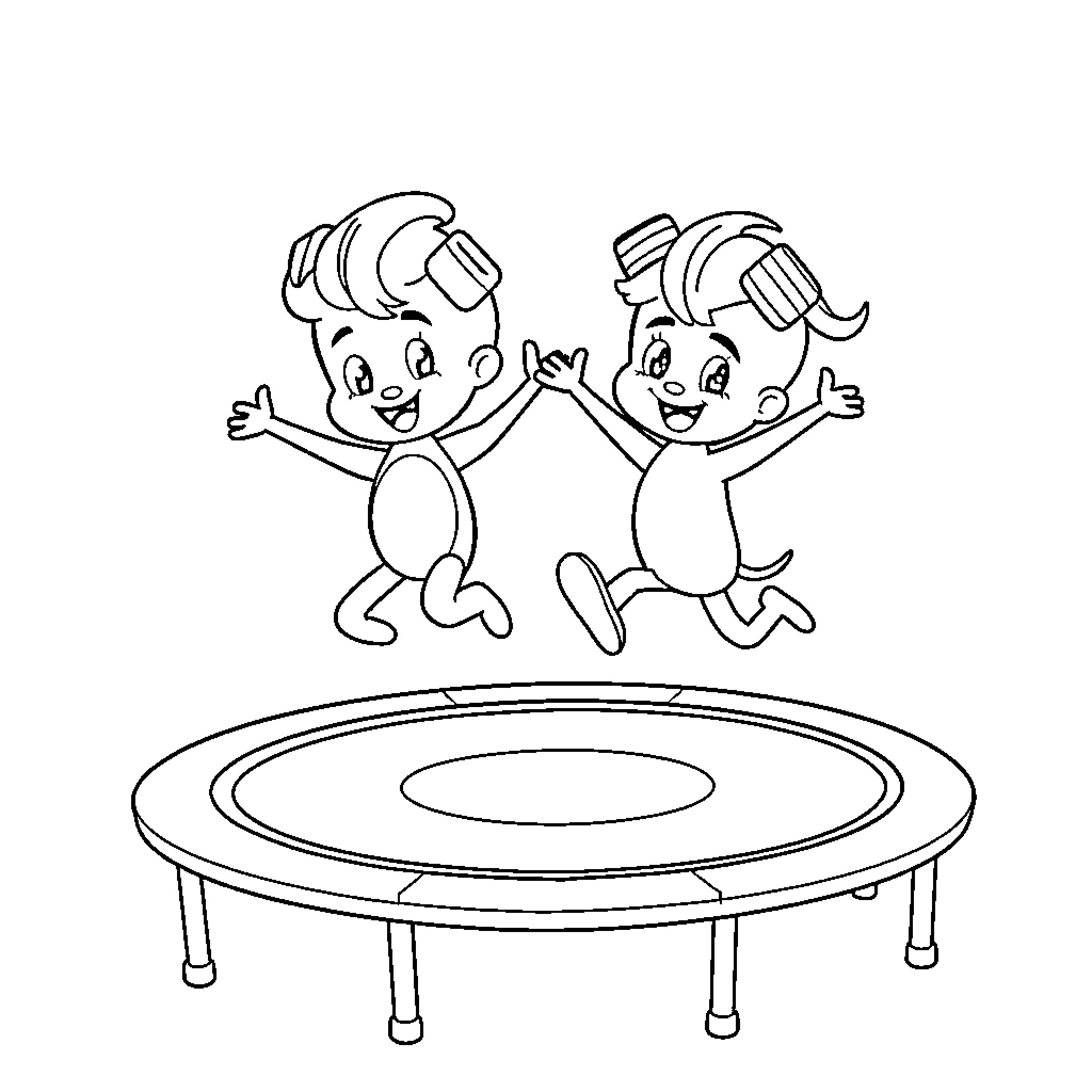Bluey and Bingo jumping on trampoline together Coloring Page (free black-and-white line drawing printable PDF for all, from beginners to advanced learners, including children, teens, adults, and seniors)