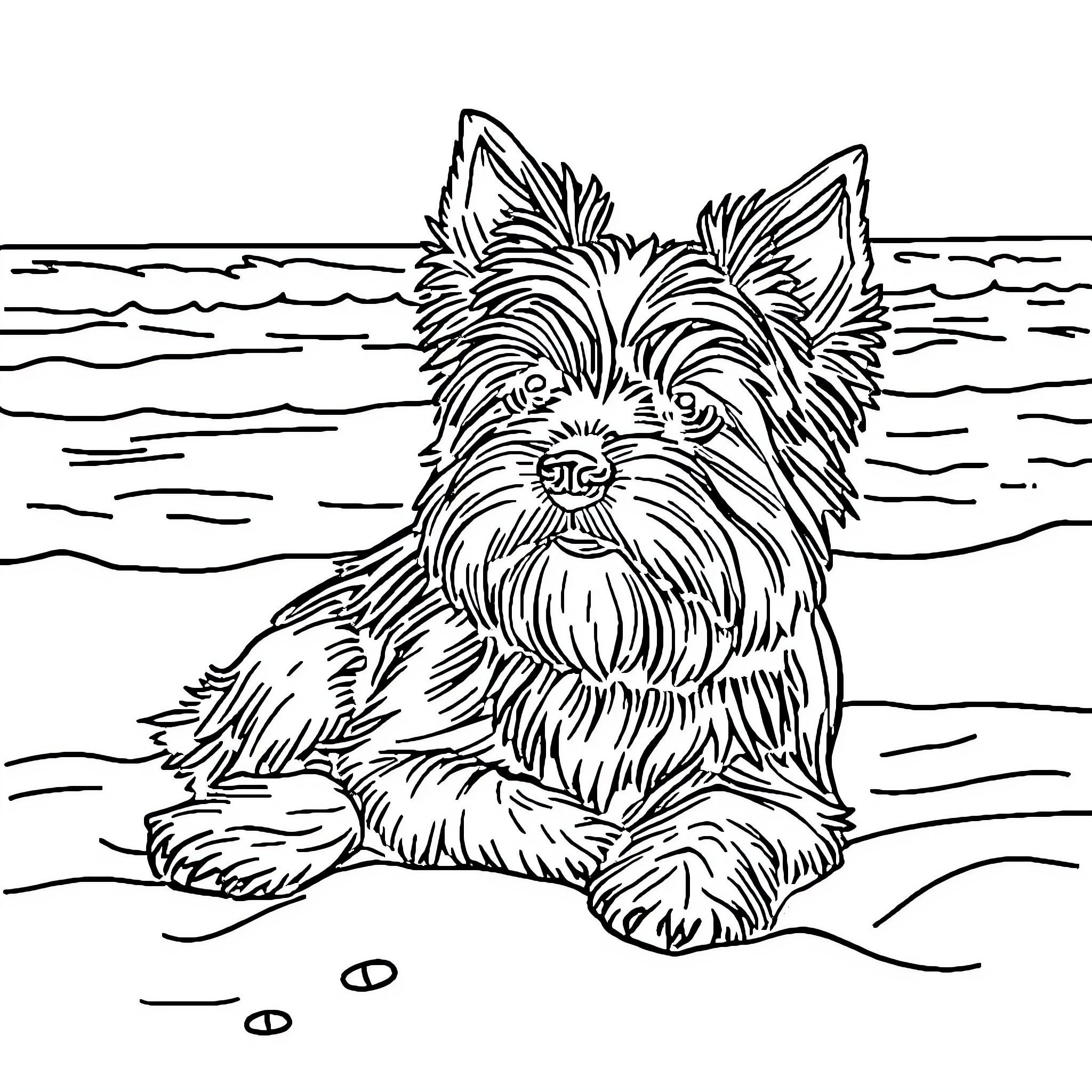 Yorkshire Terrier sitting by the shore Coloring Page (free black-and-white line drawing printable PDF for all, from beginners to advanced learners, including children, teens, adults, and seniors)