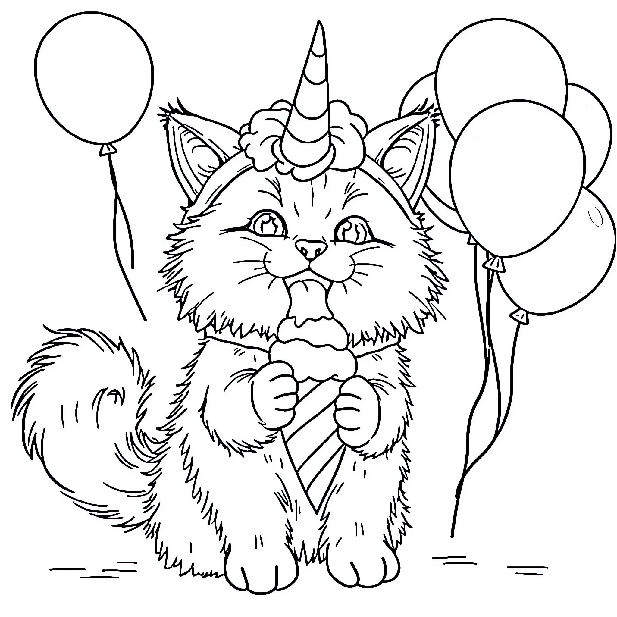 Cat with unicorn horn holding balloons Coloring Page (free black-and-white line drawing printable PDF for all, from beginners to advanced learners, including children, teens, adults, and seniors)