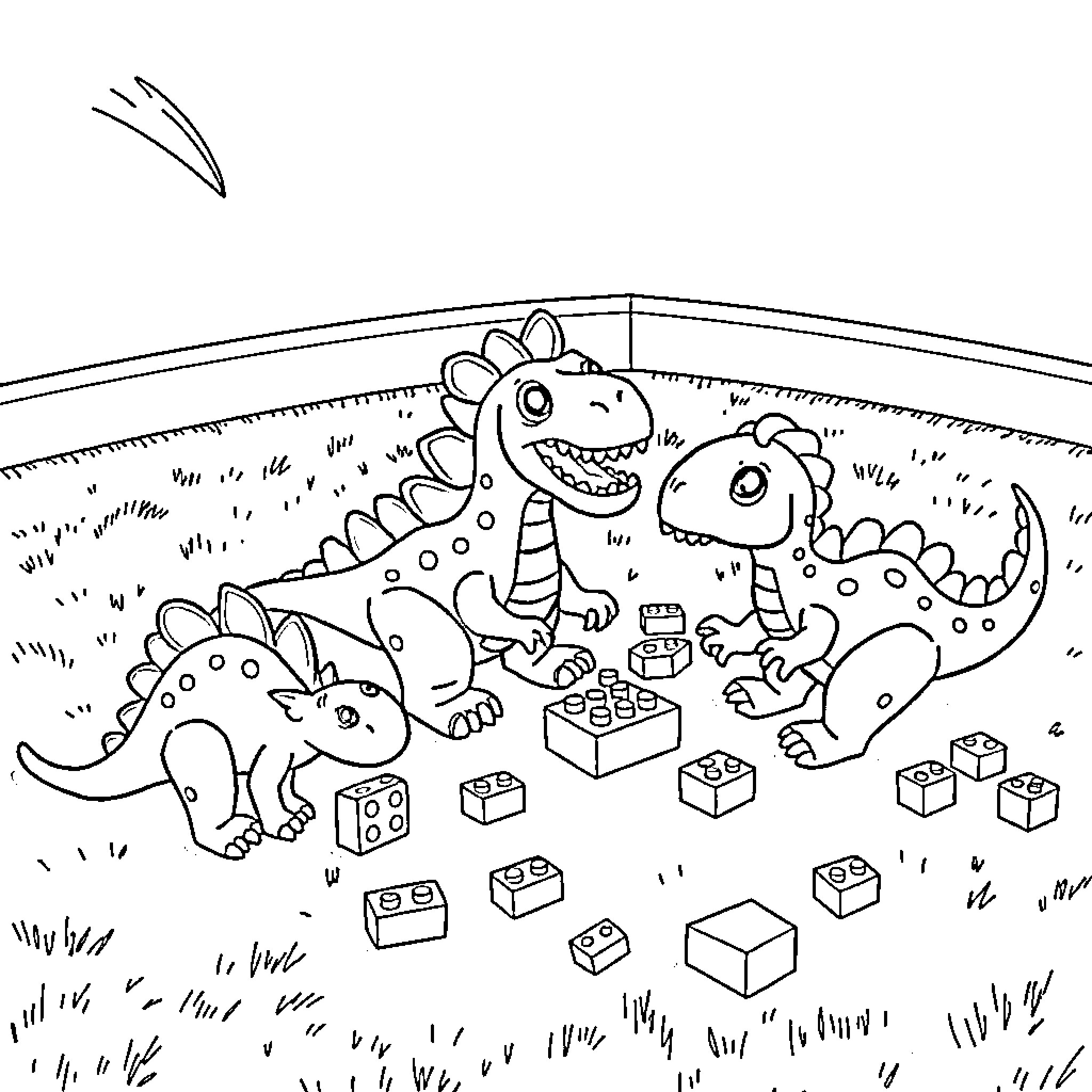 Dinosaurs playing with building blocks in the meadow Coloring Page (free black-and-white line drawing printable PDF for all, from beginners to advanced learners, including children, teens, adults, and seniors)
