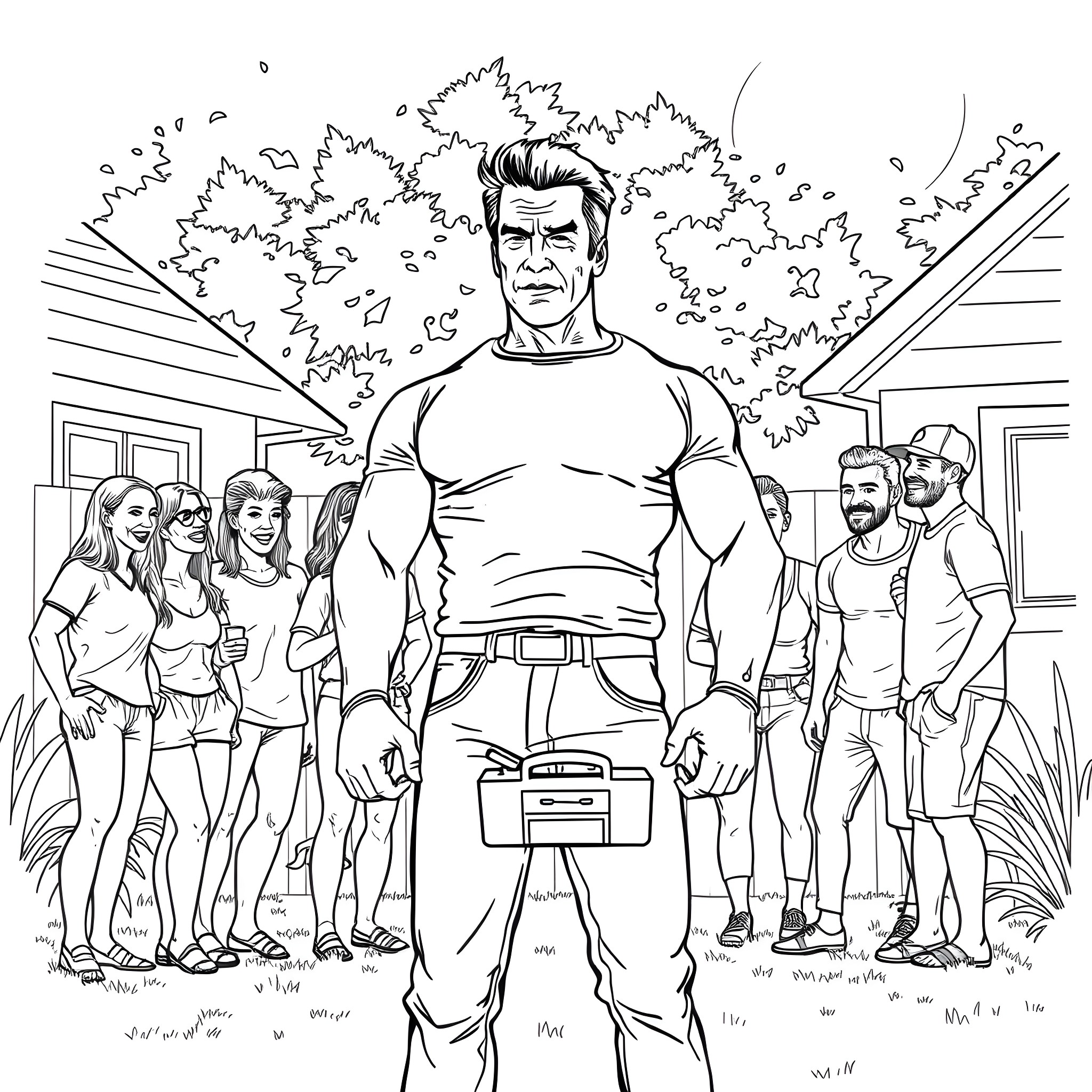 Arnold Schwarzenegger leading a group of people outdoors Coloring Page (free black-and-white line drawing printable PDF for all, from beginners to advanced learners, including children, teens, adults, and seniors)