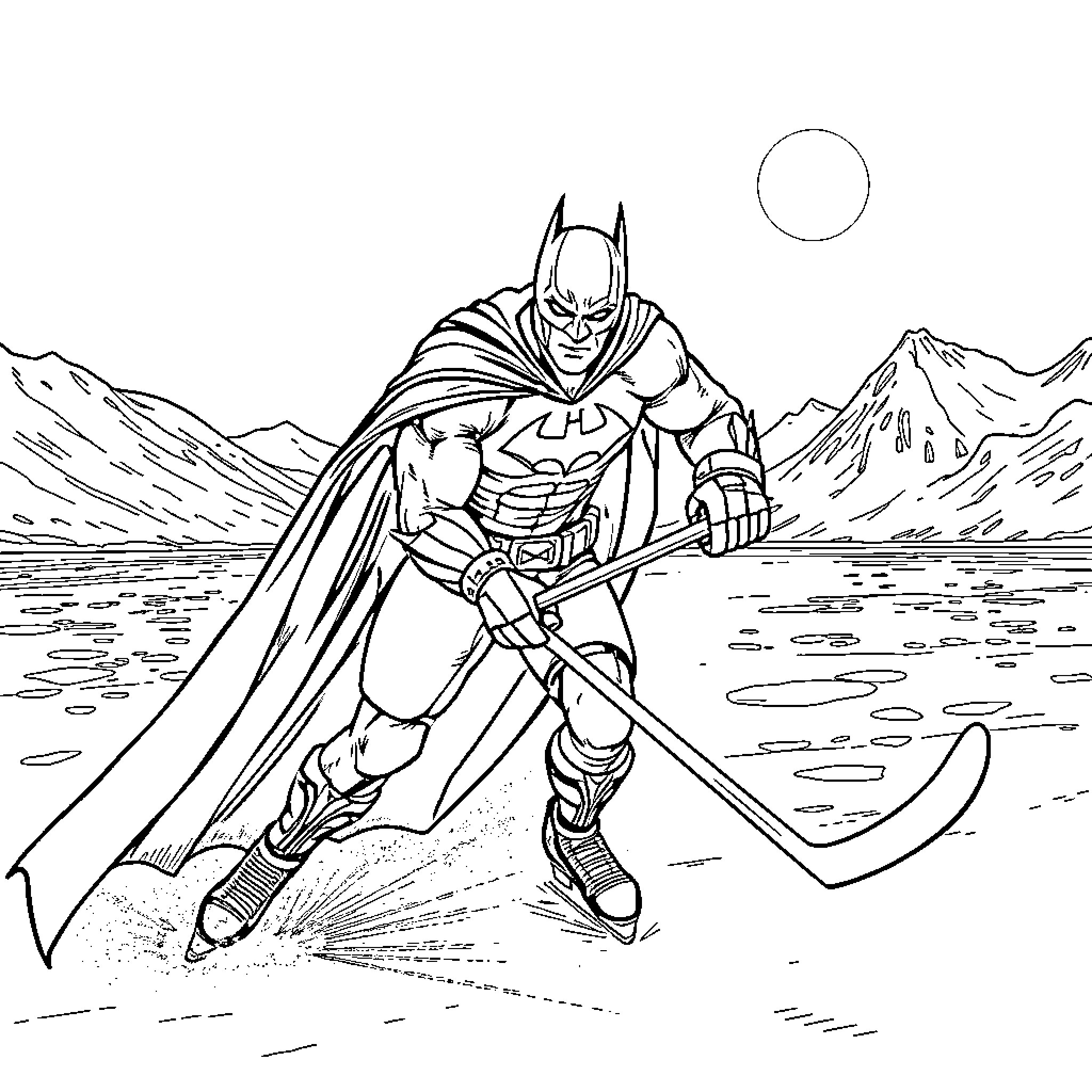 Batman Battling in the Desolate Landscape Coloring Page (free black-and-white line drawing printable PDF for all, from beginners to advanced learners, including children, teens, adults, and seniors)