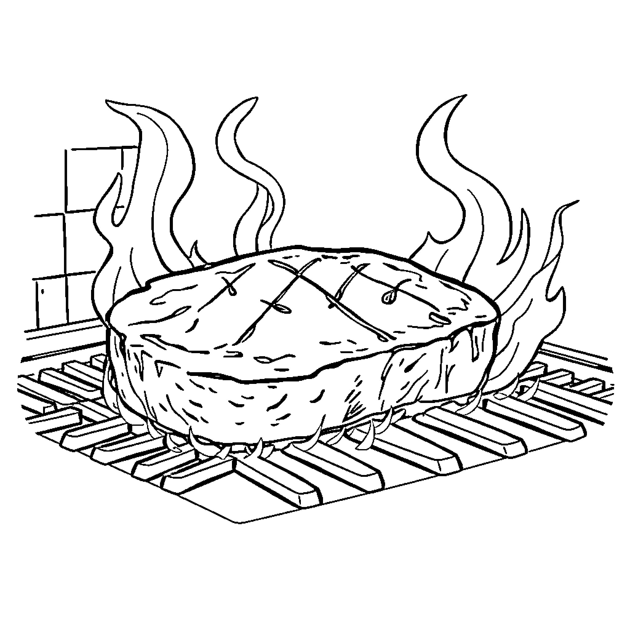 Chuletón sizzling on the grill Coloring Page (free black-and-white line drawing printable PDF for all, from beginners to advanced learners, including children, teens, adults, and seniors)