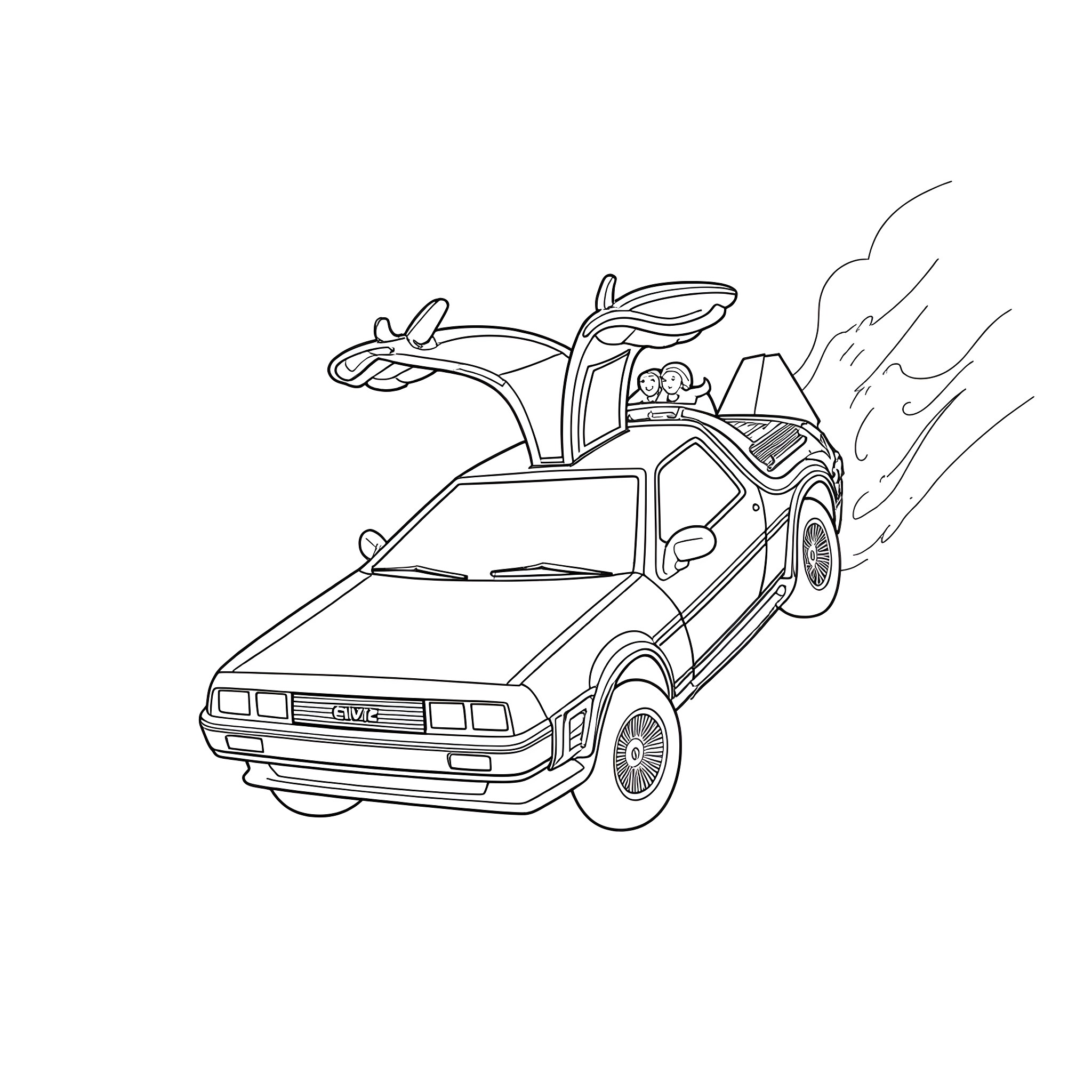 Snow White Travels in a Futuristic Car Coloring Page (free black-and-white line drawing printable PDF for all, from beginners to advanced learners, including children, teens, adults, and seniors)