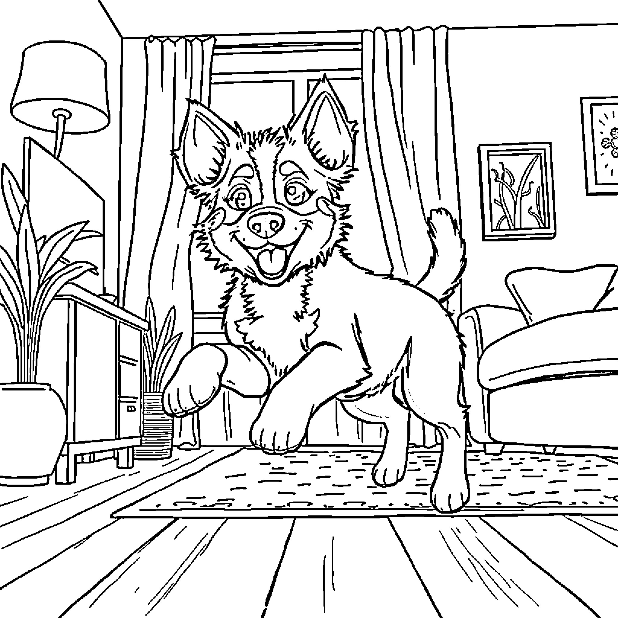 Bluey playing happily in the living room Coloring Page (free black-and-white line drawing printable PDF for all, from beginners to advanced learners, including children, teens, adults, and seniors)