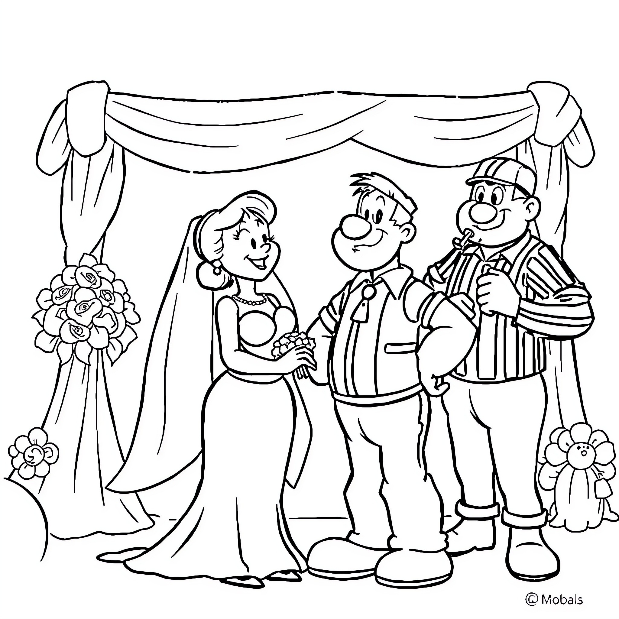 Popeye Witnesses a Wedding Celebration Coloring Page (free black-and-white line drawing printable PDF for all, from beginners to advanced learners, including children, teens, adults, and seniors)