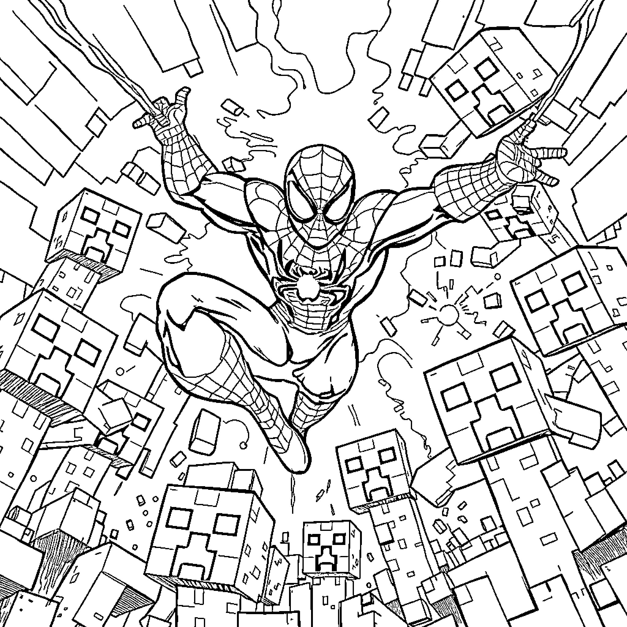 Spiderman swinging through the city skyline Coloring Page (free black-and-white line drawing printable PDF for all, from beginners to advanced learners, including children, teens, adults, and seniors)