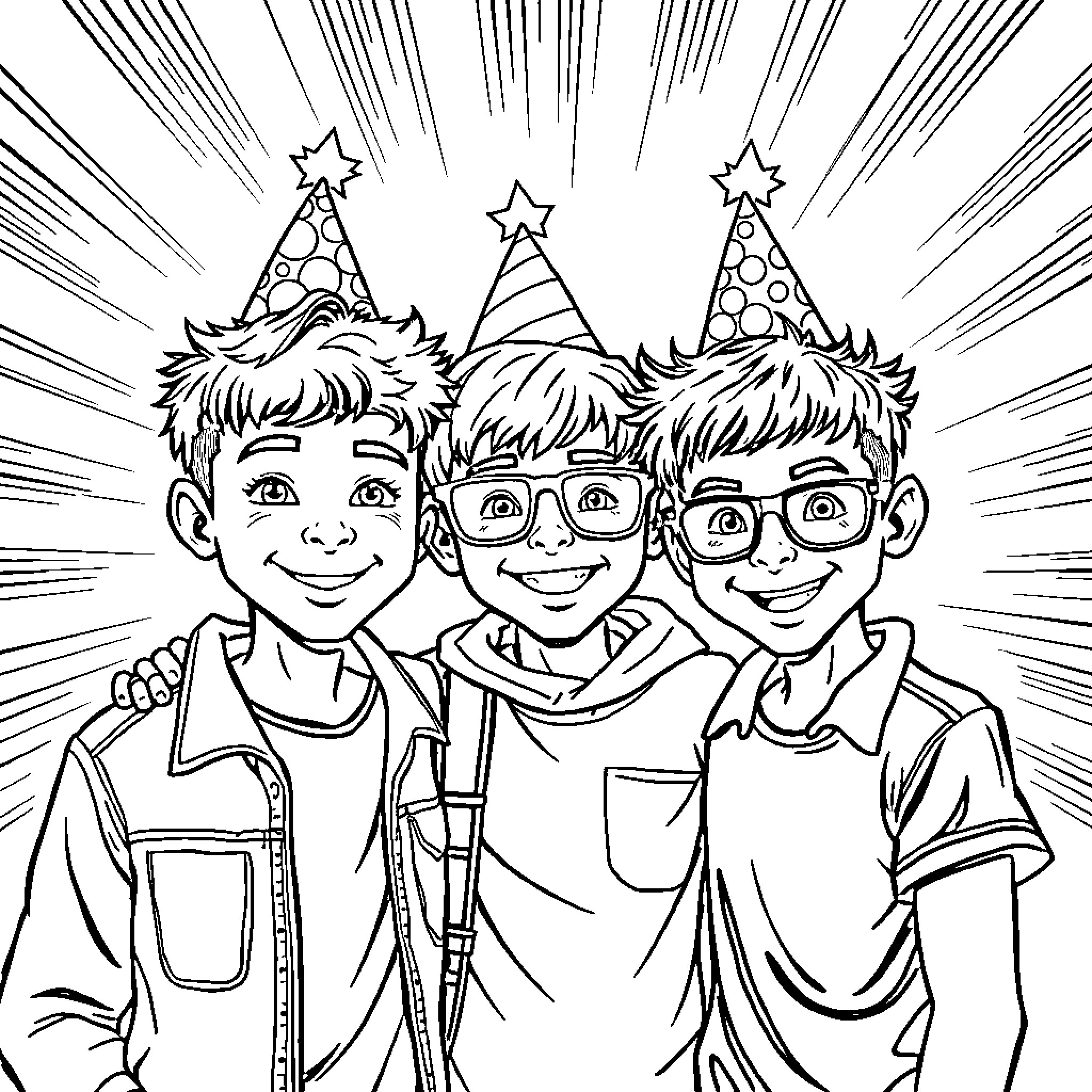 Saja Boys Celebrate with Festive Hats and Expressions Coloring Page (free black-and-white line drawing printable PDF for all, from beginners to advanced learners, including children, teens, adults, and seniors)