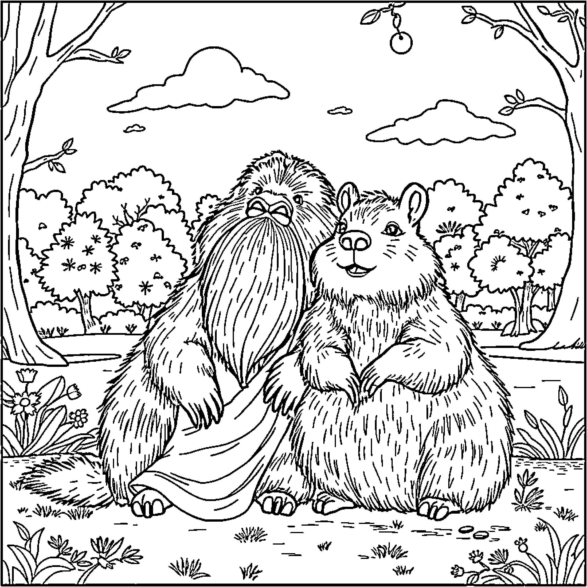 Rumi's furry friends in the forest Coloring Page (free black-and-white line drawing printable PDF for all, from beginners to advanced learners, including children, teens, adults, and seniors)