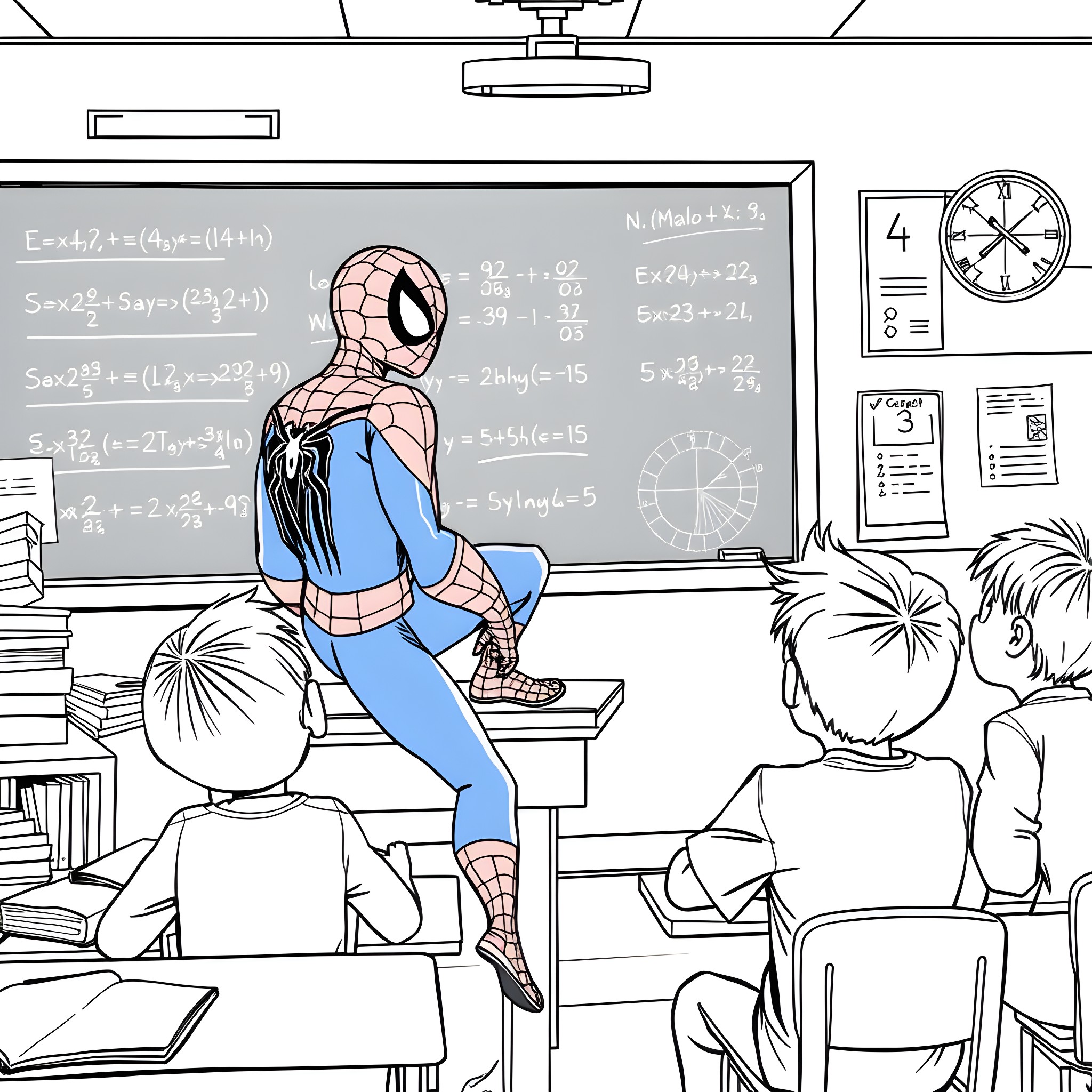 Spiderman teaching students in the classroom Coloring Page (free black-and-white line drawing printable PDF for all, from beginners to advanced learners, including children, teens, adults, and seniors)