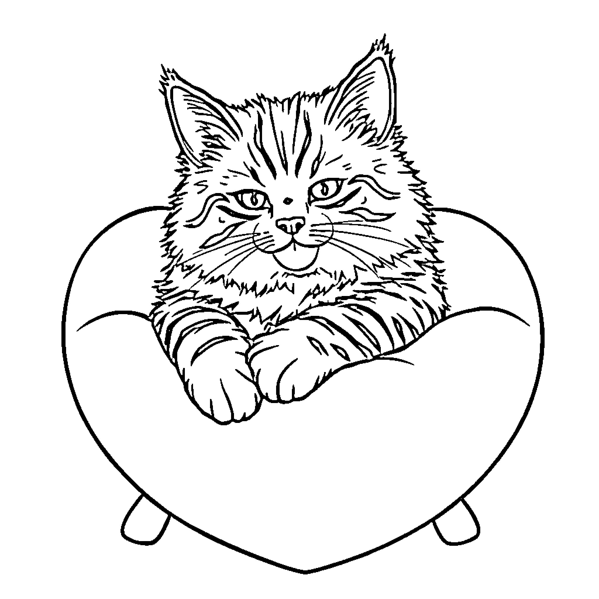 Tabby Cat Resting Comfortably in Heart-Shaped Frame Coloring Page (free black-and-white line drawing printable PDF for all, from beginners to advanced learners, including children, teens, adults, and seniors)