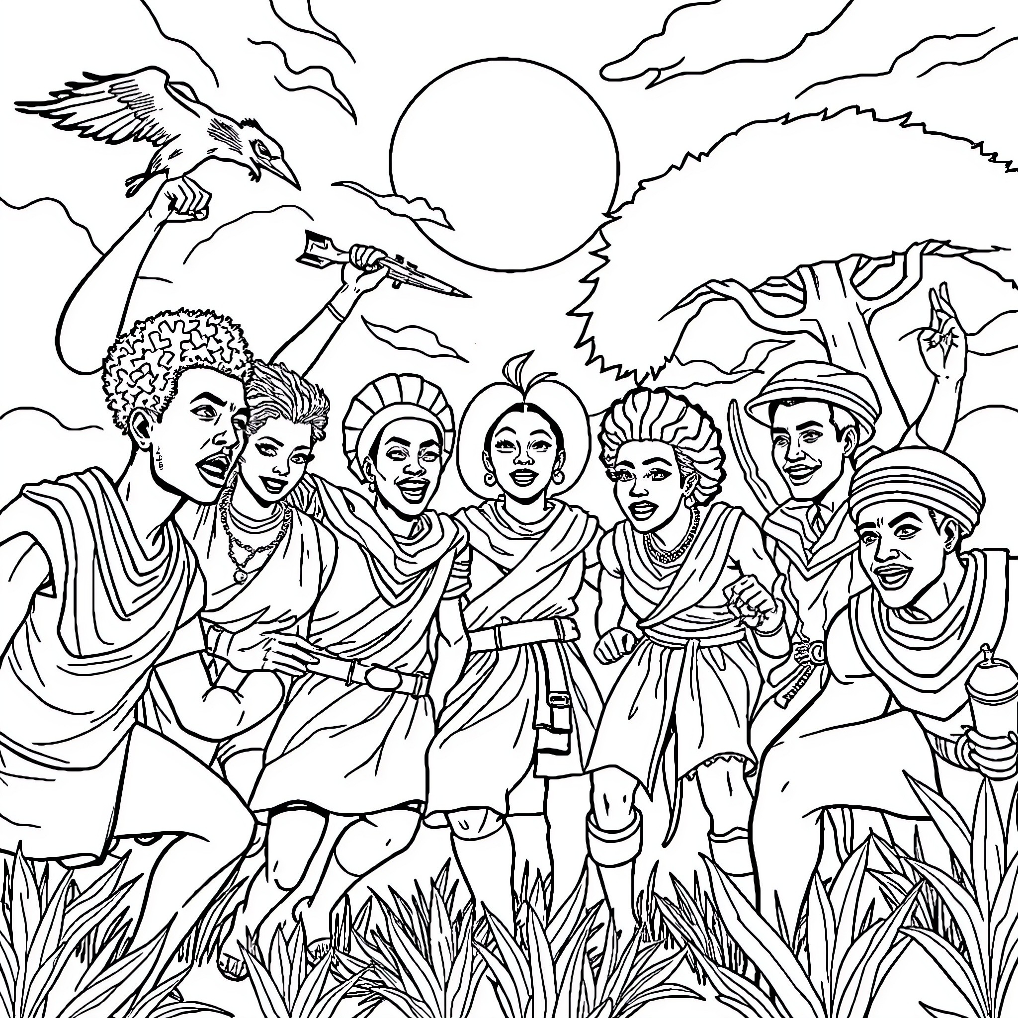 African Heroes Celebrating Victory in the Wilderness Coloring Page (free black-and-white line drawing printable PDF for all, from beginners to advanced learners, including children, teens, adults, and seniors)