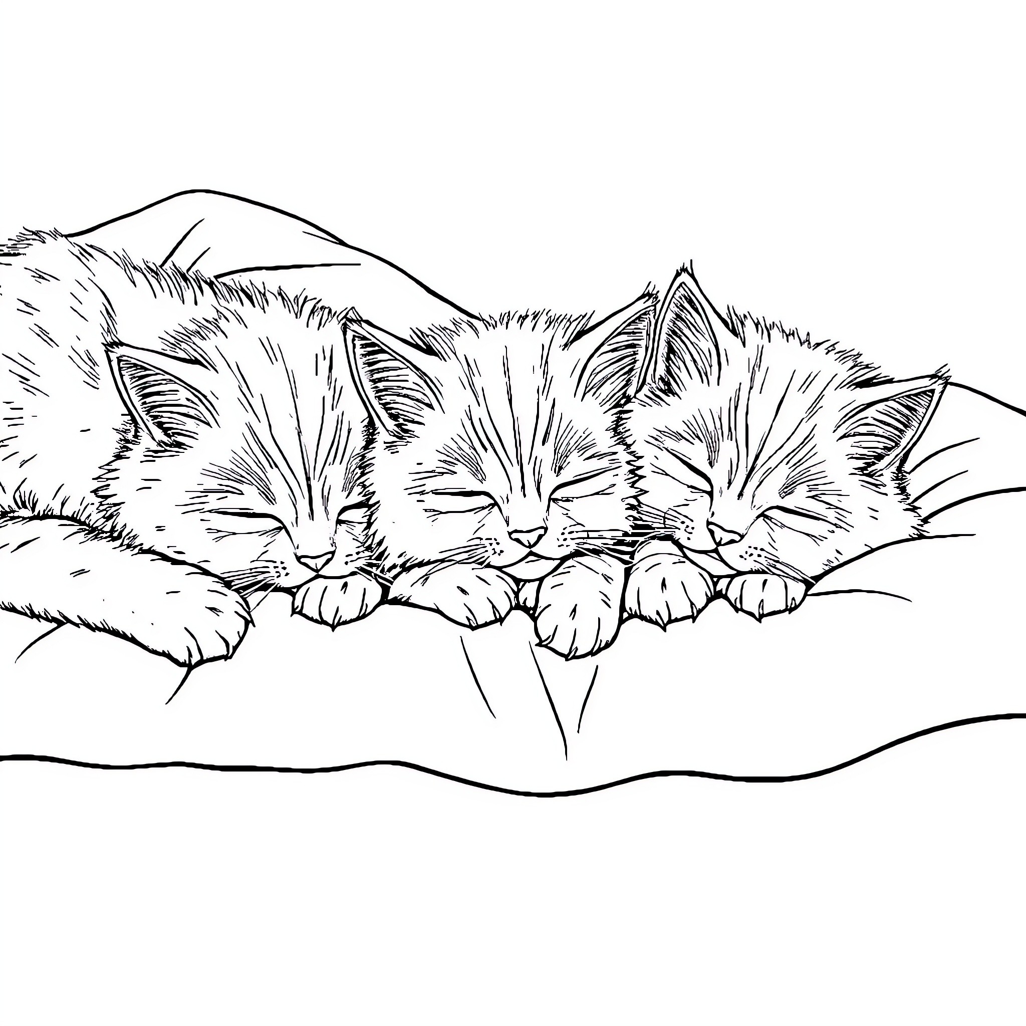 Cat kittens sleeping peacefully on the couch Coloring Page (free black-and-white line drawing printable PDF for all, from beginners to advanced learners, including children, teens, adults, and seniors)