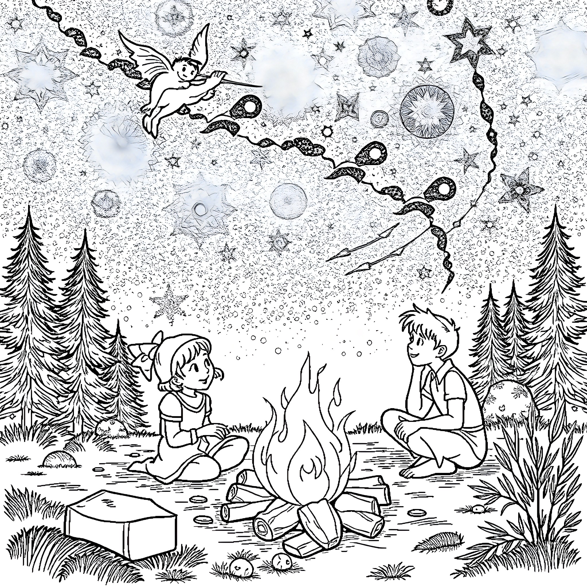 Peter Pan's magical winter adventure with friends Coloring Page (free black-and-white line drawing printable PDF for all, from beginners to advanced learners, including children, teens, adults, and seniors)