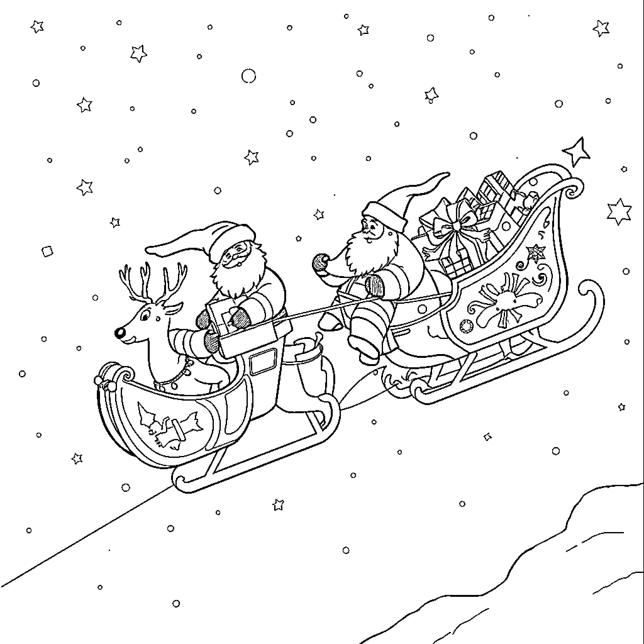 Sleigh ride of Santa and reindeer in snowy night Coloring Page (free black-and-white line drawing printable PDF for all, from beginners to advanced learners, including children, teens, adults, and seniors)