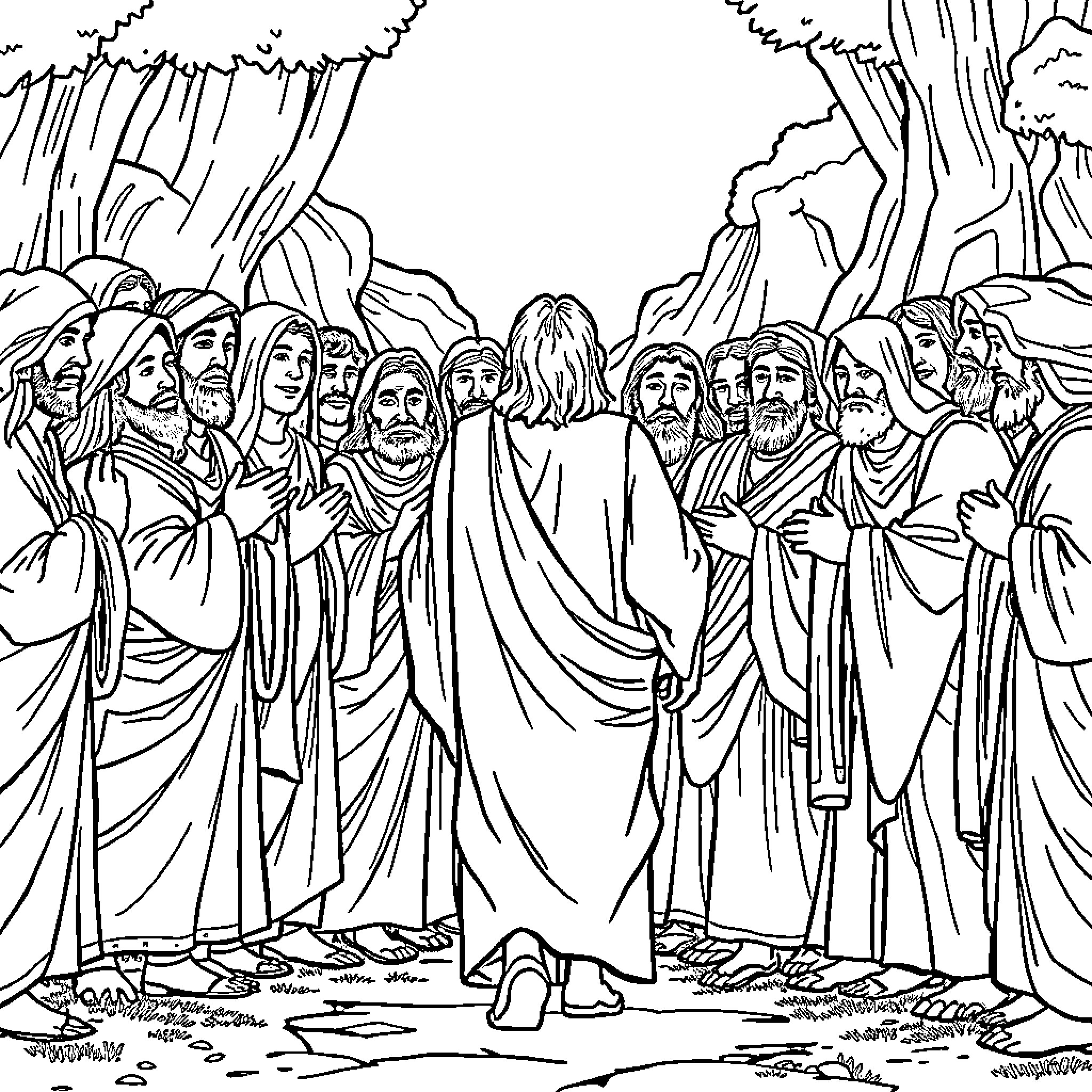 Bible Characters in Contemplative Gathering Coloring Page (free black-and-white line drawing printable PDF for all, from beginners to advanced learners, including children, teens, adults, and seniors)