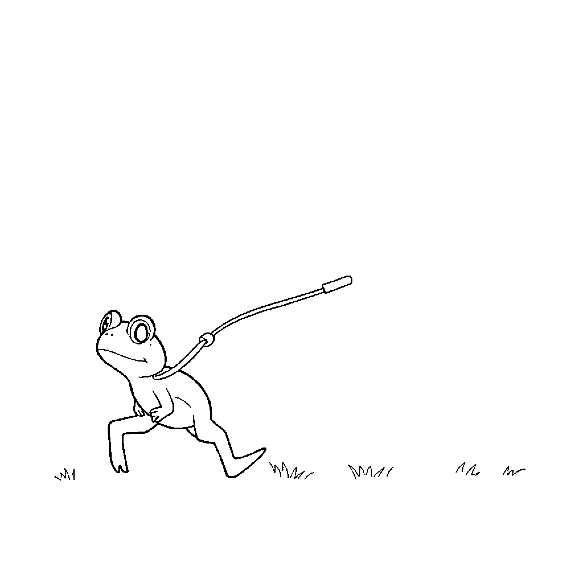 Frog jumping with fishing rod Coloring Page (free black-and-white line drawing printable PDF for all, from beginners to advanced learners, including children, teens, adults, and seniors)
