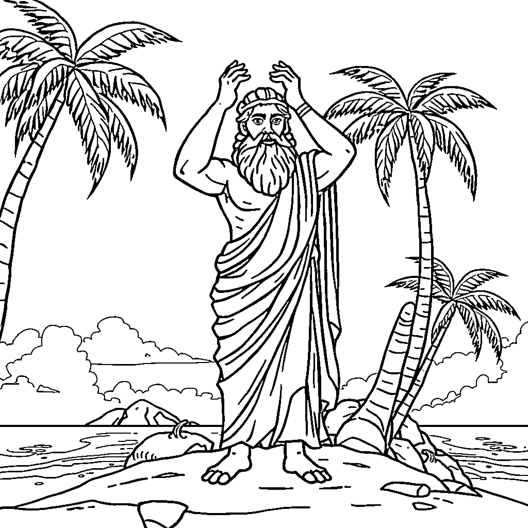 Aesop's Solitary Contemplation on a Tropical Island Coloring Page (free black-and-white line drawing printable PDF for all, from beginners to advanced learners, including children, teens, adults, and seniors)