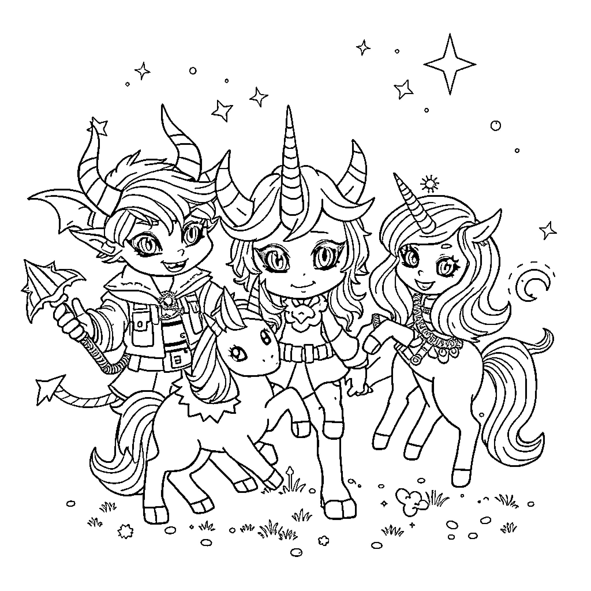 Unicorn friends exploring the magical realm together Coloring Page (free black-and-white line drawing printable PDF for all, from beginners to advanced learners, including children, teens, adults, and seniors)