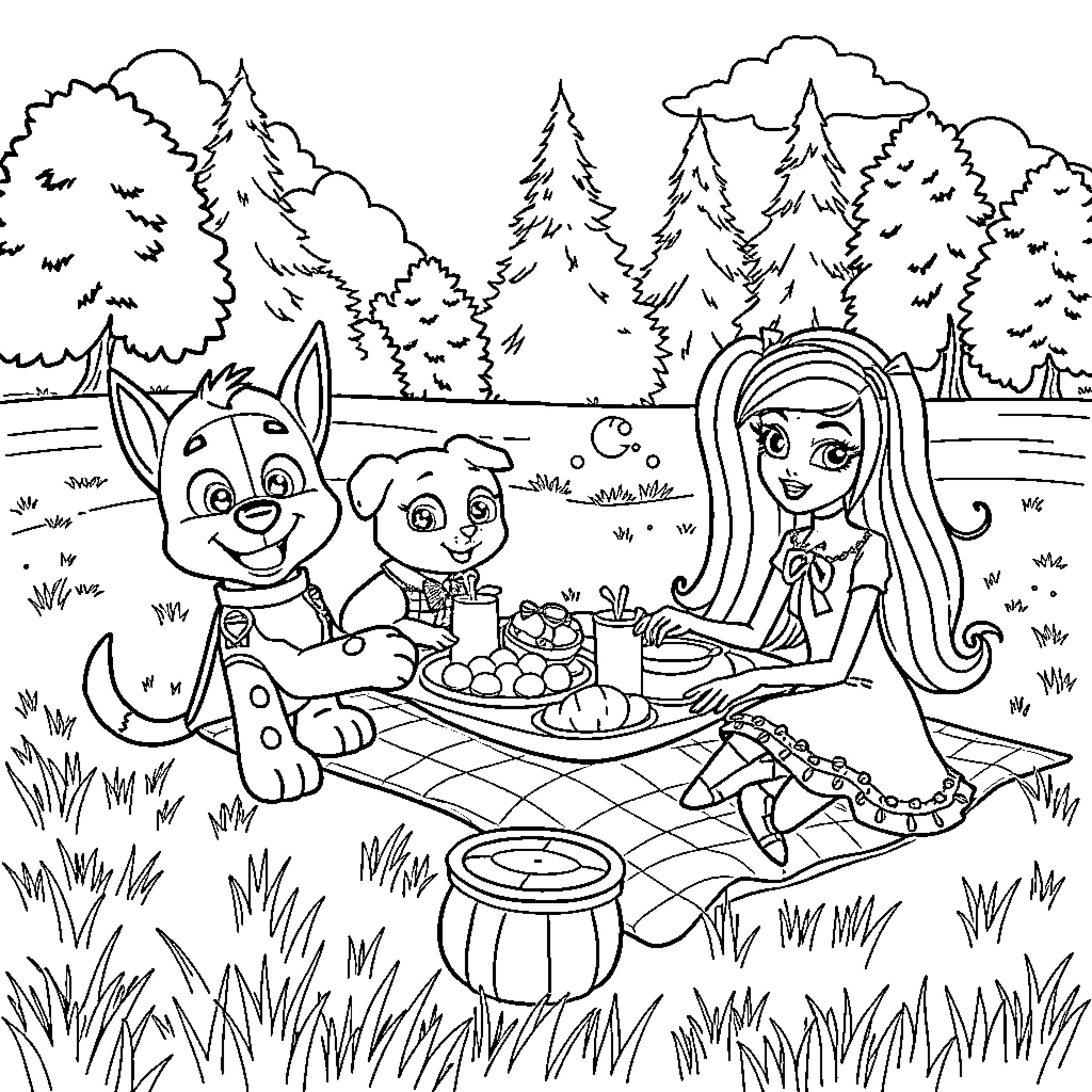 Paw Patrol friends enjoying a picnic in the woods Coloring Page (free black-and-white line drawing printable PDF for all, from beginners to advanced learners, including children, teens, adults, and seniors)