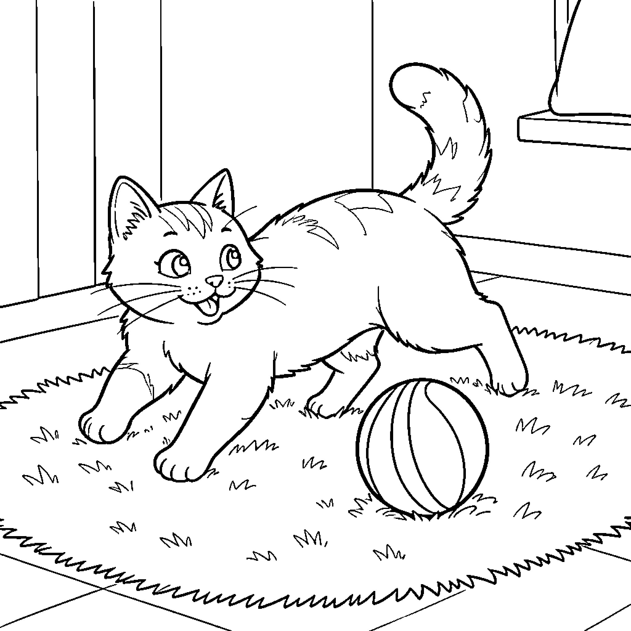 Cat playing energetically with a toy ball Coloring Page (free black-and-white line drawing printable PDF for all, from beginners to advanced learners, including children, teens, adults, and seniors)