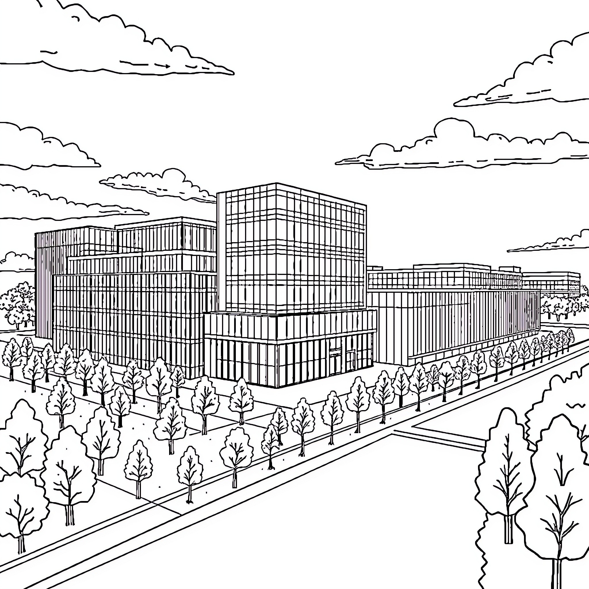 Campus modern architectural structures in nature Coloring Page (free black-and-white line drawing printable PDF for all, from beginners to advanced learners, including children, teens, adults, and seniors)