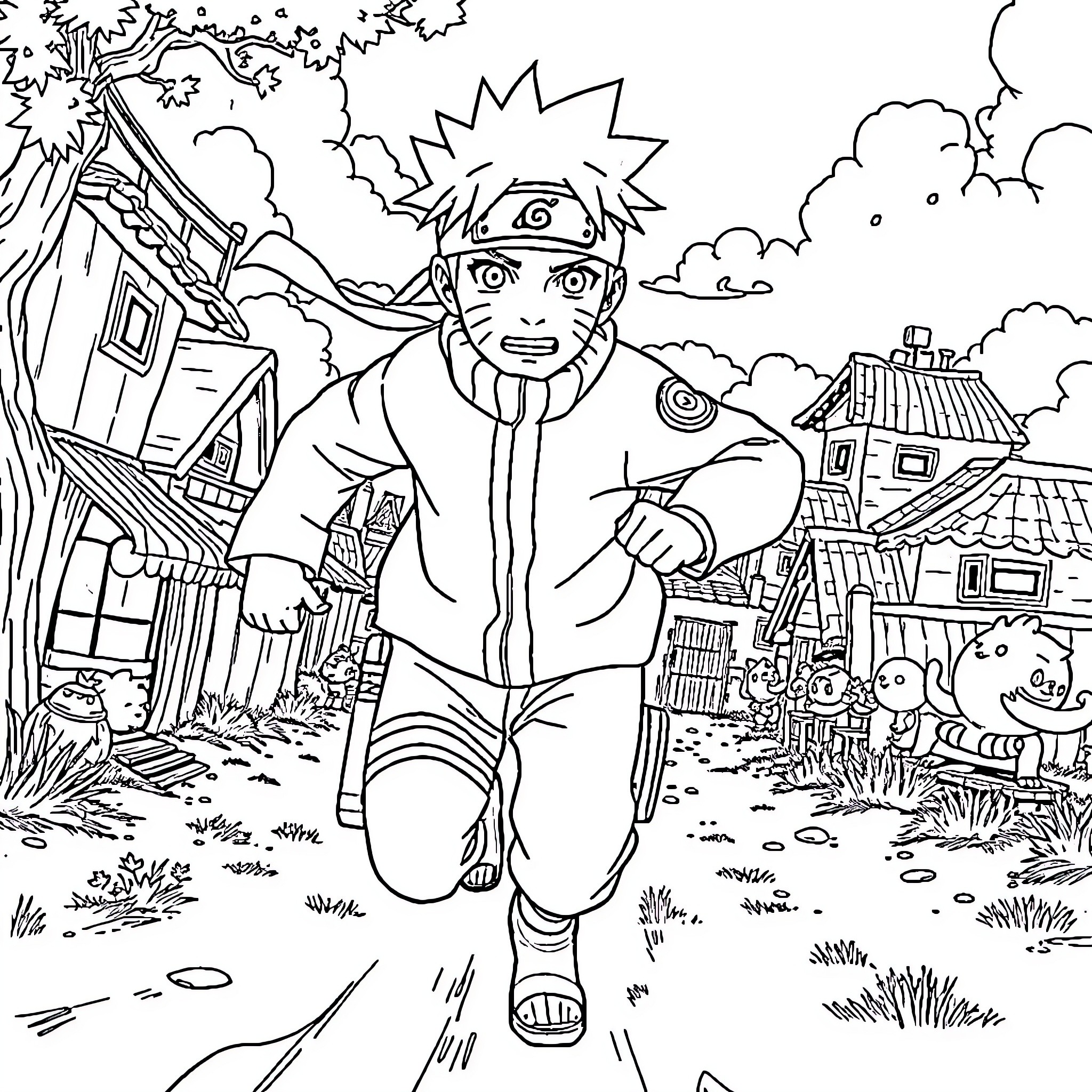 Naruto racing through the village Coloring Page (free black-and-white line drawing printable PDF for all, from beginners to advanced learners, including children, teens, adults, and seniors)