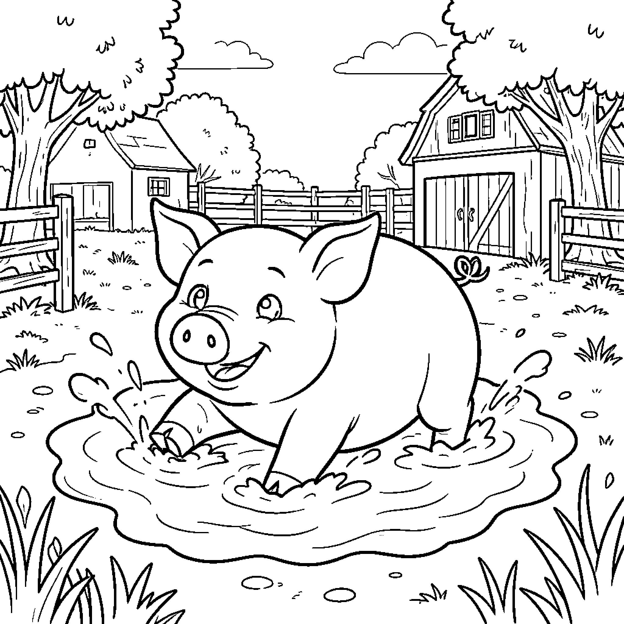 Pig Enjoying a Mud Puddle on the Farm Coloring Page (free black-and-white line drawing printable PDF for all, from beginners to advanced learners, including children, teens, adults, and seniors)