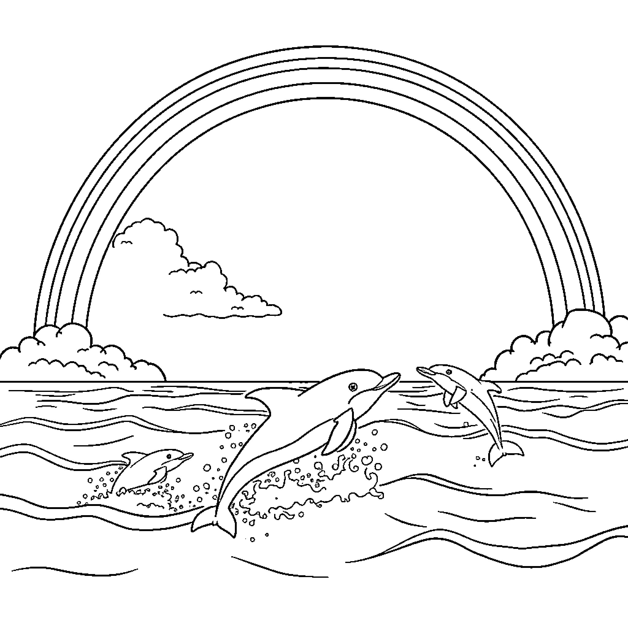 Dolphin family playing in the ocean Coloring Page (free black-and-white line drawing printable PDF for all, from beginners to advanced learners, including children, teens, adults, and seniors)