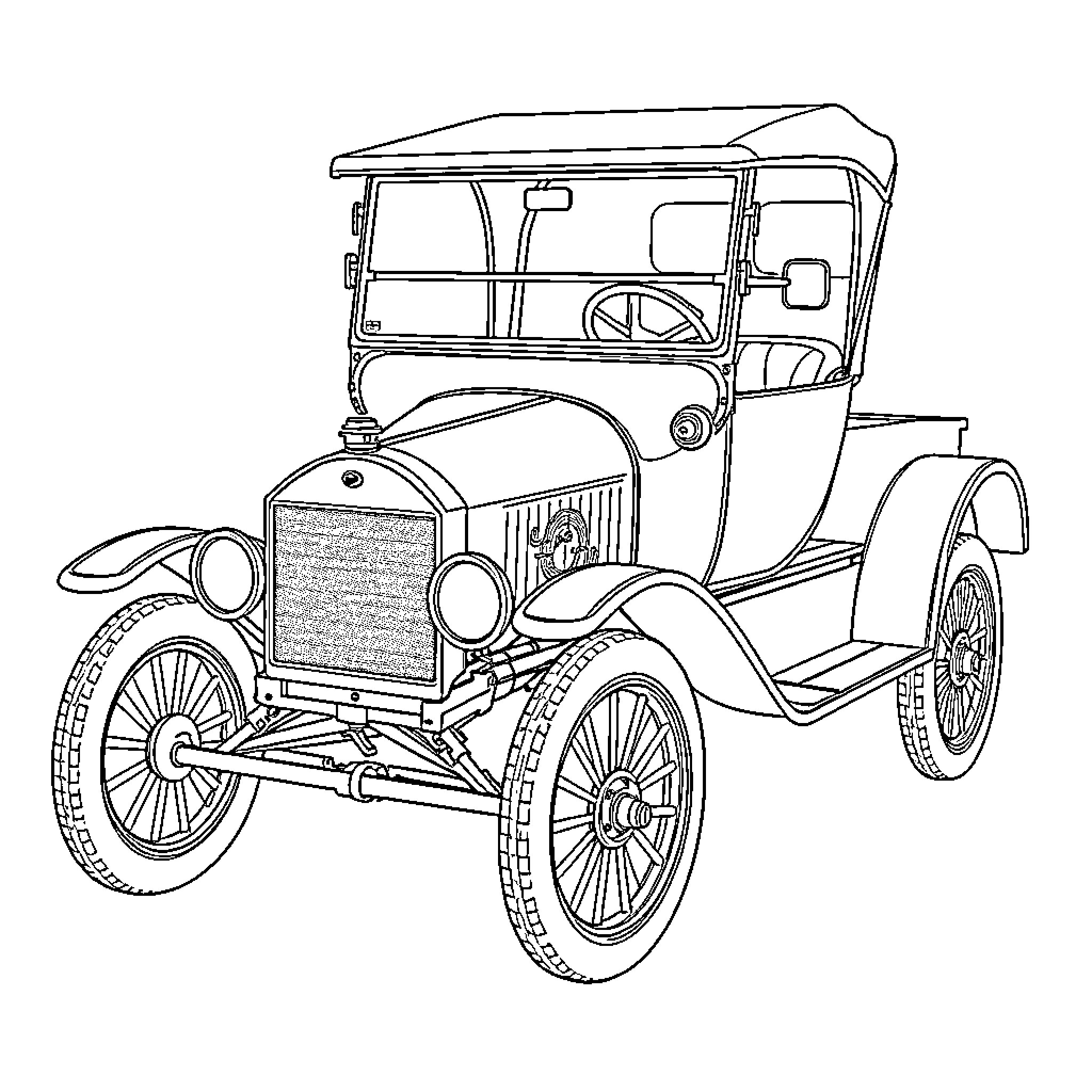 Ford Model T vintage automobile design Coloring Page (free black-and-white line drawing printable PDF for all, from beginners to advanced learners, including children, teens, adults, and seniors)