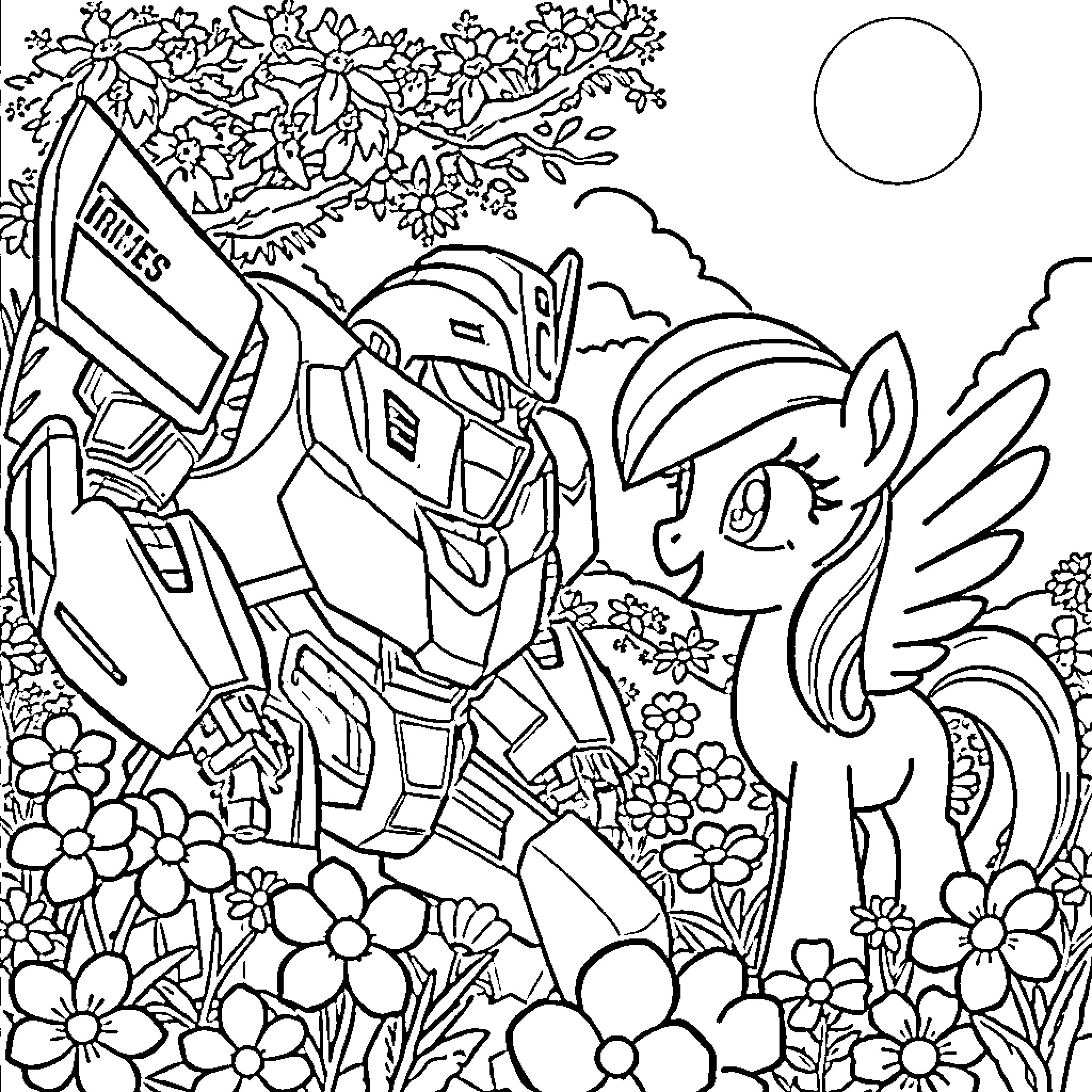 Bumblebee exploring a floral wonderland Coloring Page (free black-and-white line drawing printable PDF for all, from beginners to advanced learners, including children, teens, adults, and seniors)