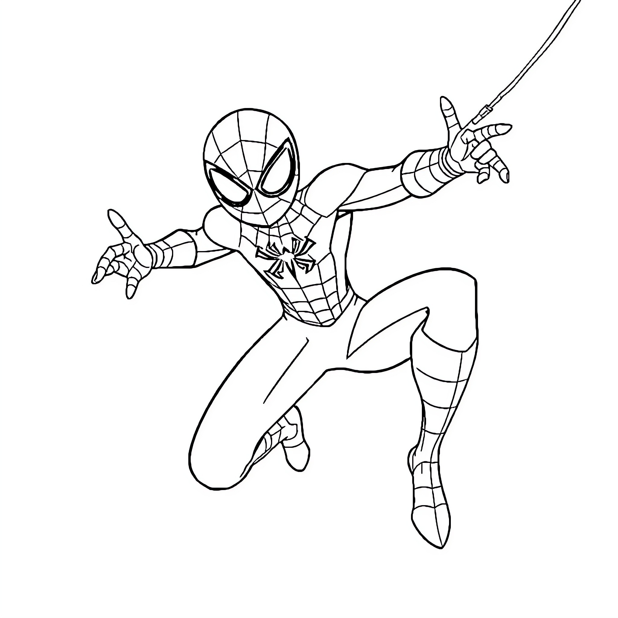 Spider-Man swinging into action Coloring Page (free black-and-white line drawing printable PDF for all, from beginners to advanced learners, including children, teens, adults, and seniors)