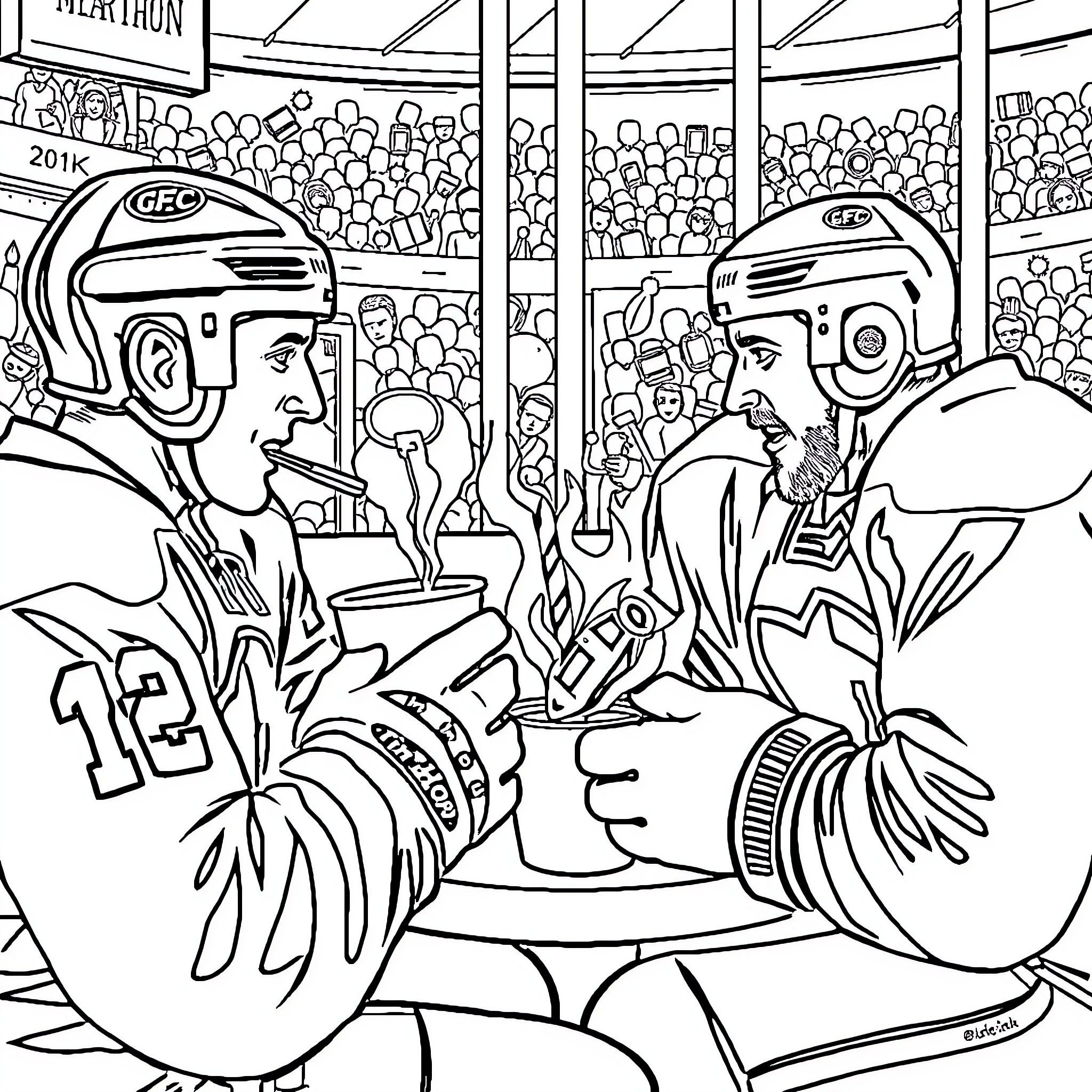 Coffee with fellow athletes at the marathon event Coloring Page (free black-and-white line drawing printable PDF for all, from beginners to advanced learners, including children, teens, adults, and seniors)