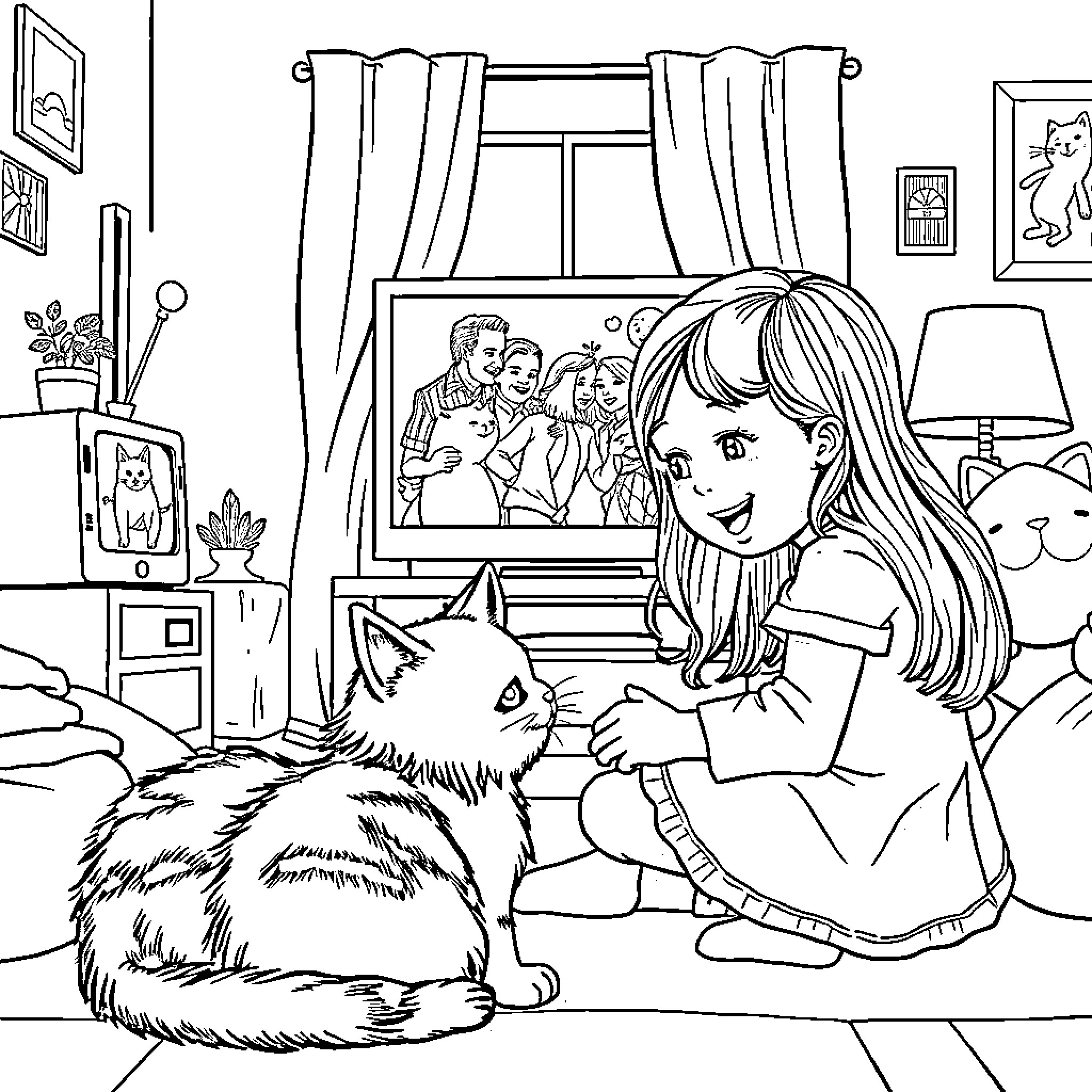 Girl playing with her pet cat in her bedroom Coloring Page (free black-and-white line drawing printable PDF for all, from beginners to advanced learners, including children, teens, adults, and seniors)