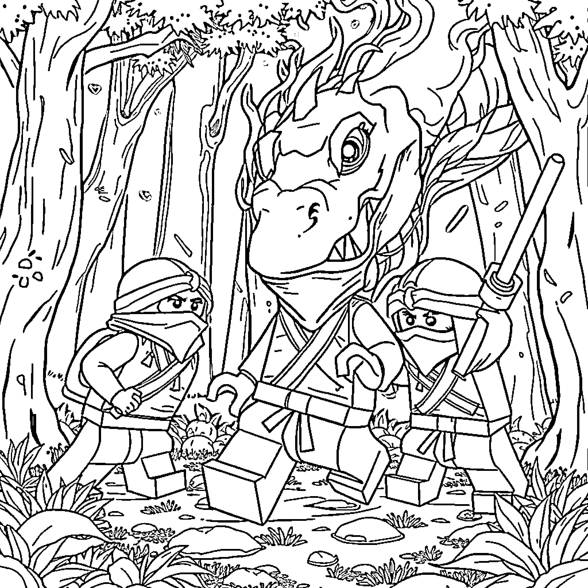 Ninjago Ninjas Exploring the Mystical Forest Coloring Page (free black-and-white line drawing printable PDF for all, from beginners to advanced learners, including children, teens, adults, and seniors)
