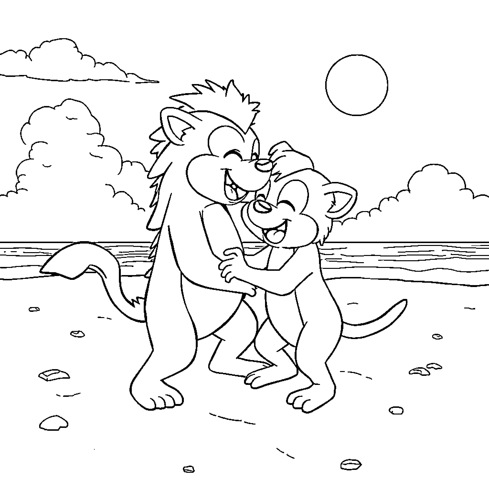 Kemonito's Playful Beach Adventure Coloring Page (free black-and-white line drawing printable PDF for all, from beginners to advanced learners, including children, teens, adults, and seniors)