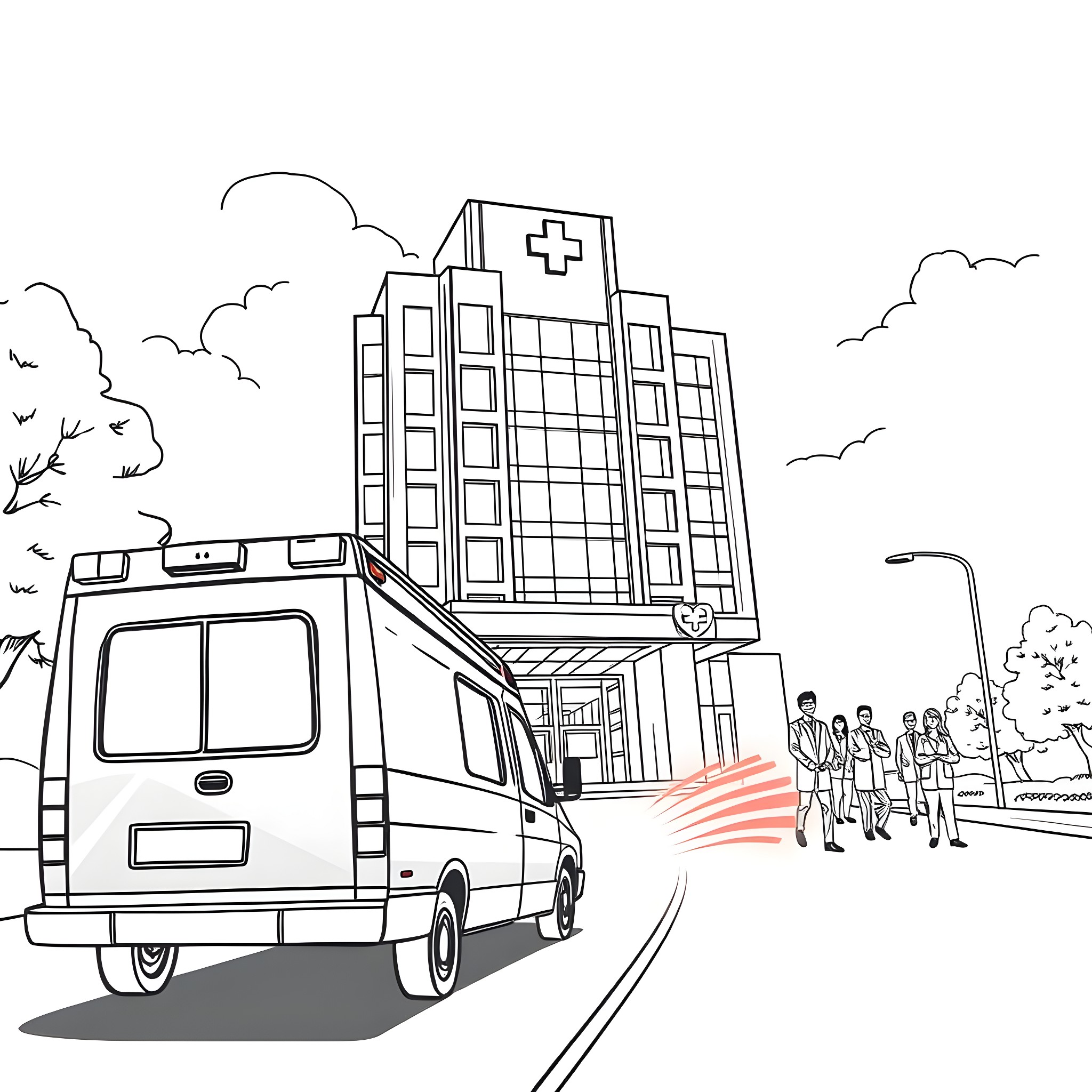 Ambulance responding to emergency at hospital Coloring Page (free black-and-white line drawing printable PDF for all, from beginners to advanced learners, including children, teens, adults, and seniors)