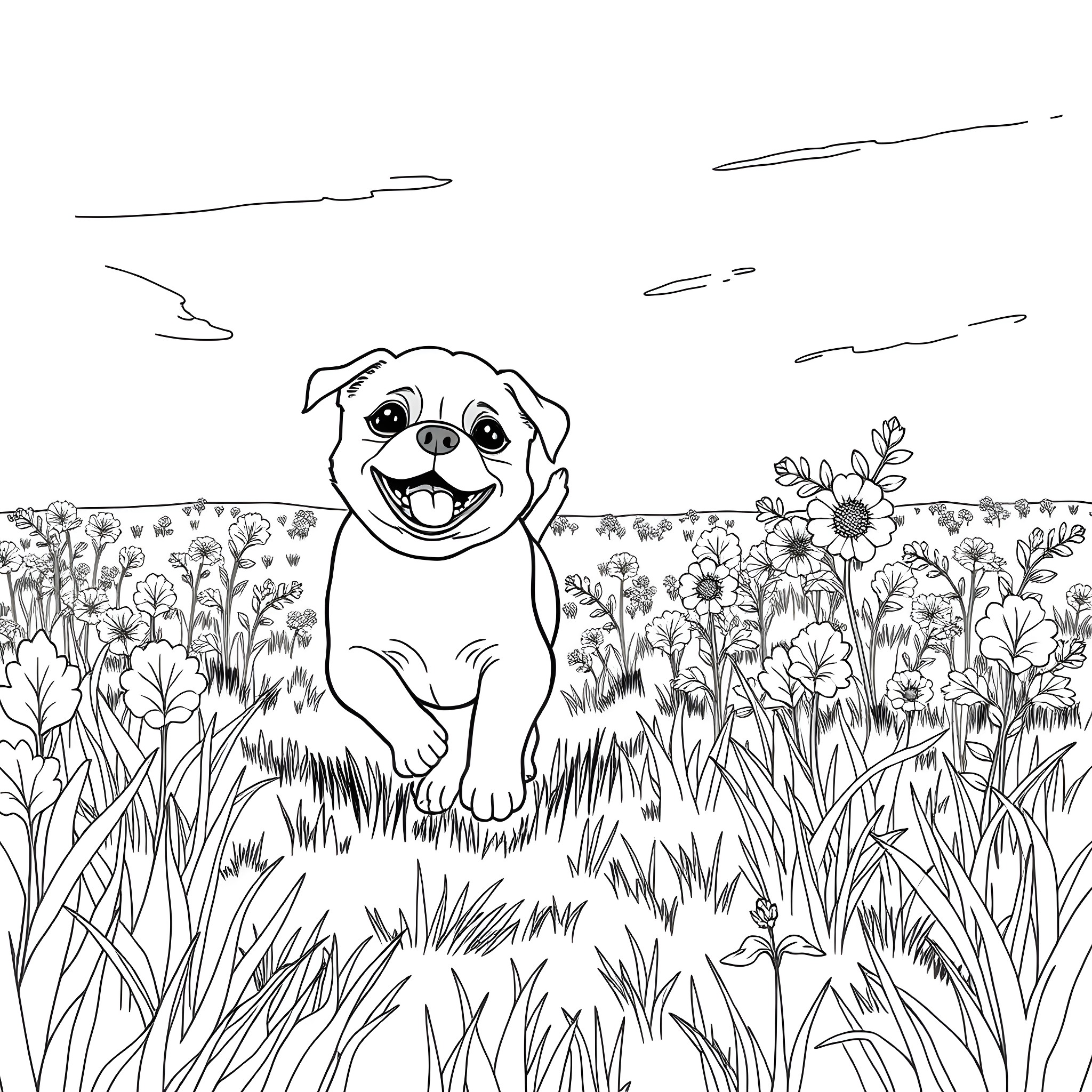 Puggle enjoying flowers in a meadow Coloring Page (free black-and-white line drawing printable PDF for all, from beginners to advanced learners, including children, teens, adults, and seniors)