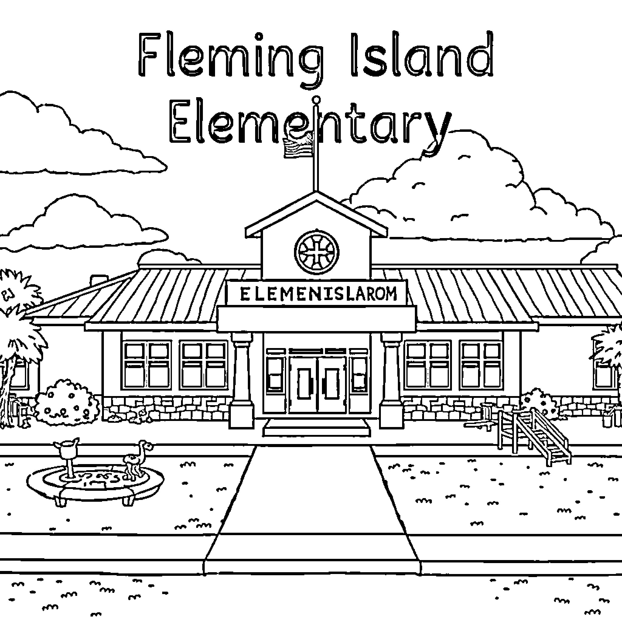 Fleming Island Elementary School Building and Grounds Coloring Page (free black-and-white line drawing printable PDF for all, from beginners to advanced learners, including children, teens, adults, and seniors)