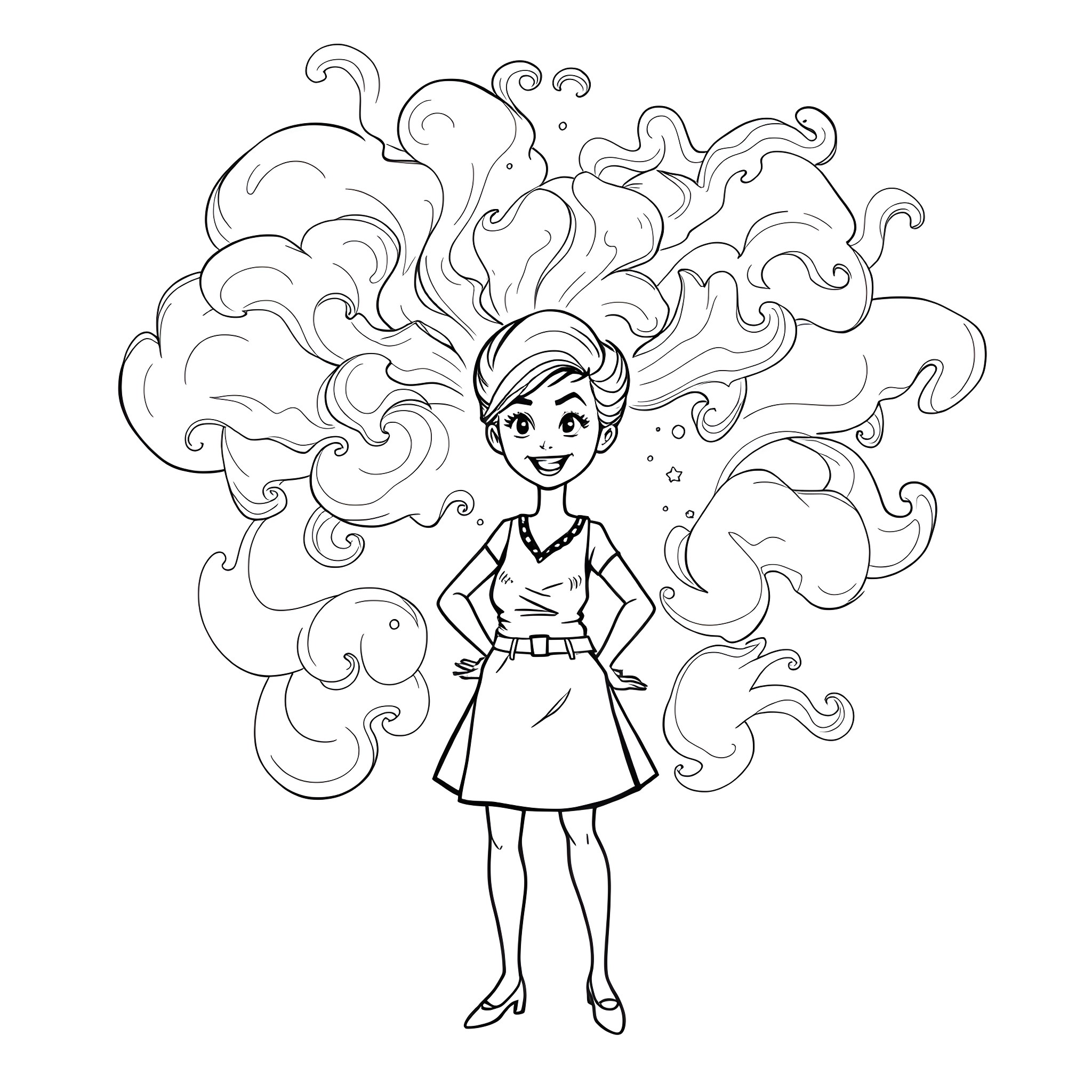 Woman with stylized hair and swirling background Coloring Page (free black-and-white line drawing printable PDF for all, from beginners to advanced learners, including children, teens, adults, and seniors)