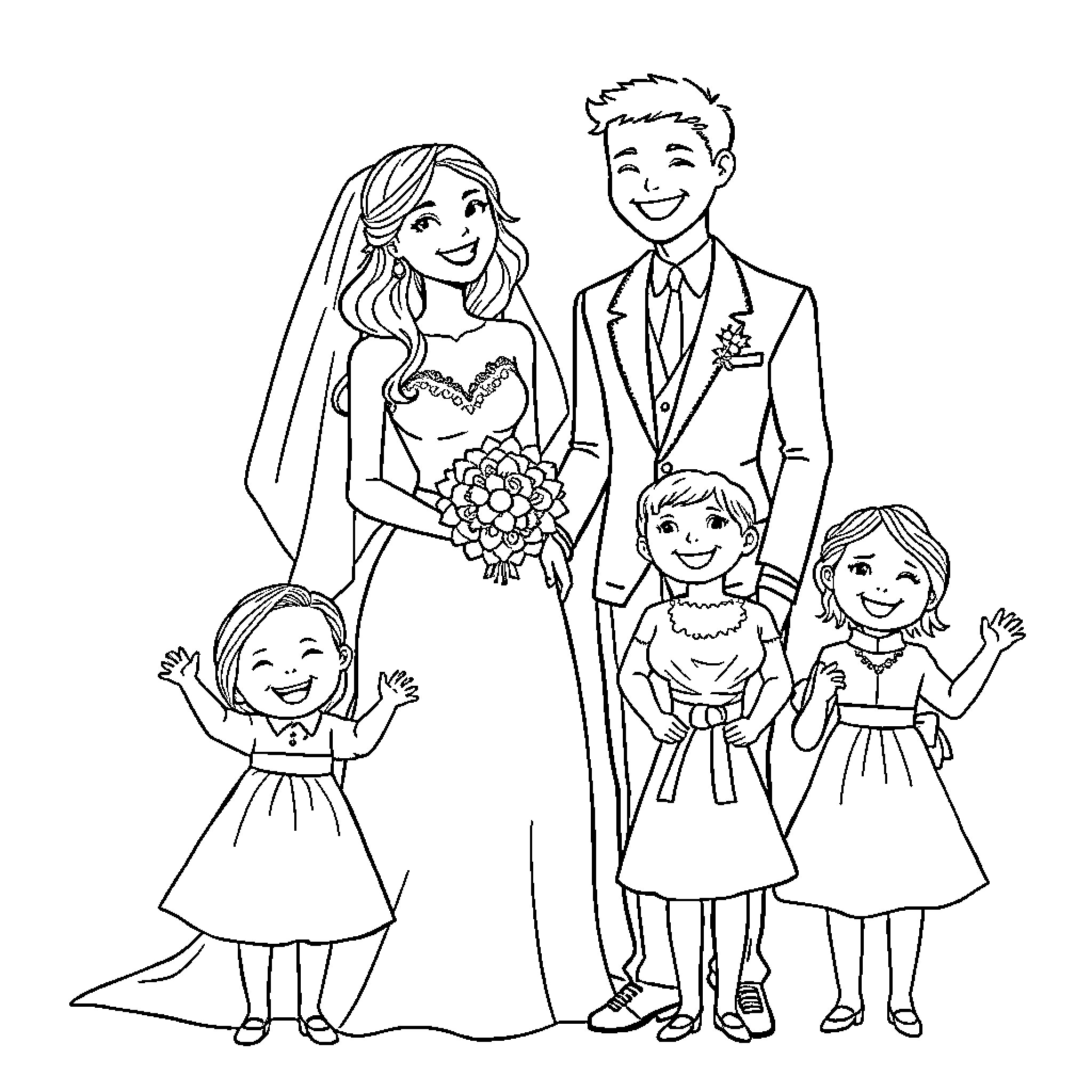 Bride and Groom with Children in Wedding Celebration Coloring Page (free black-and-white line drawing printable PDF for all, from beginners to advanced learners, including children, teens, adults, and seniors)