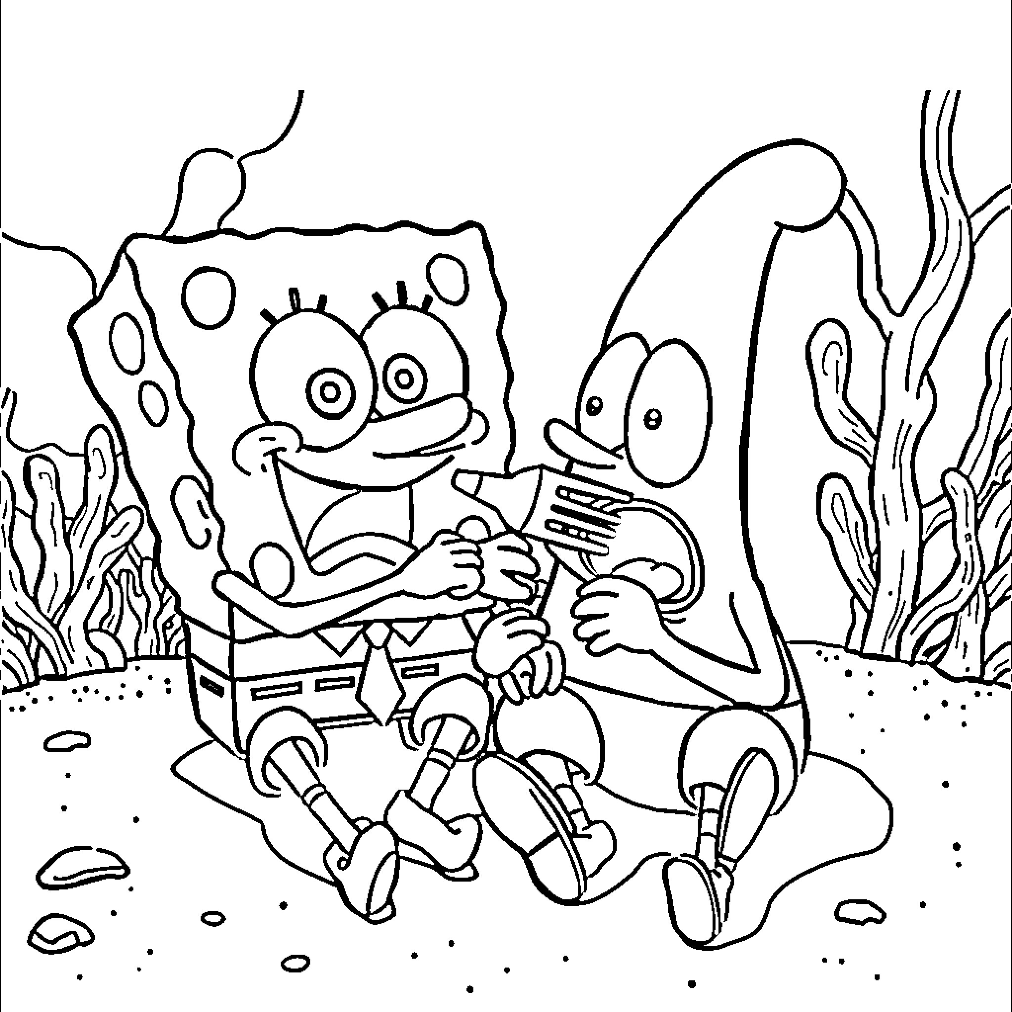 Spongebob and Patrick having a fun adventure underwater Coloring Page (free black-and-white line drawing printable PDF for all, from beginners to advanced learners, including children, teens, adults, and seniors)
