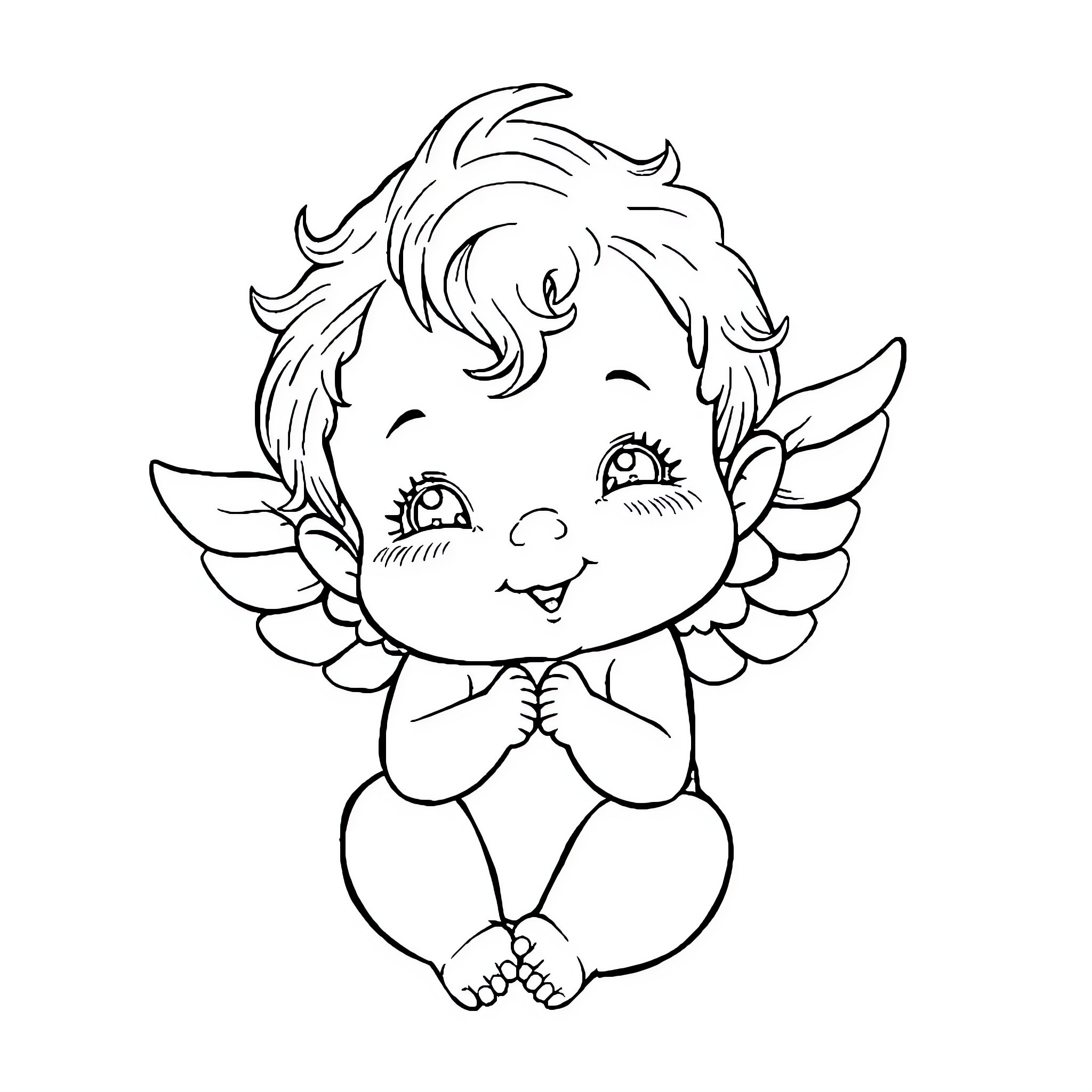 Cherub Angel with Joyful Expression Coloring Page (free black-and-white line drawing printable PDF for all, from beginners to advanced learners, including children, teens, adults, and seniors)