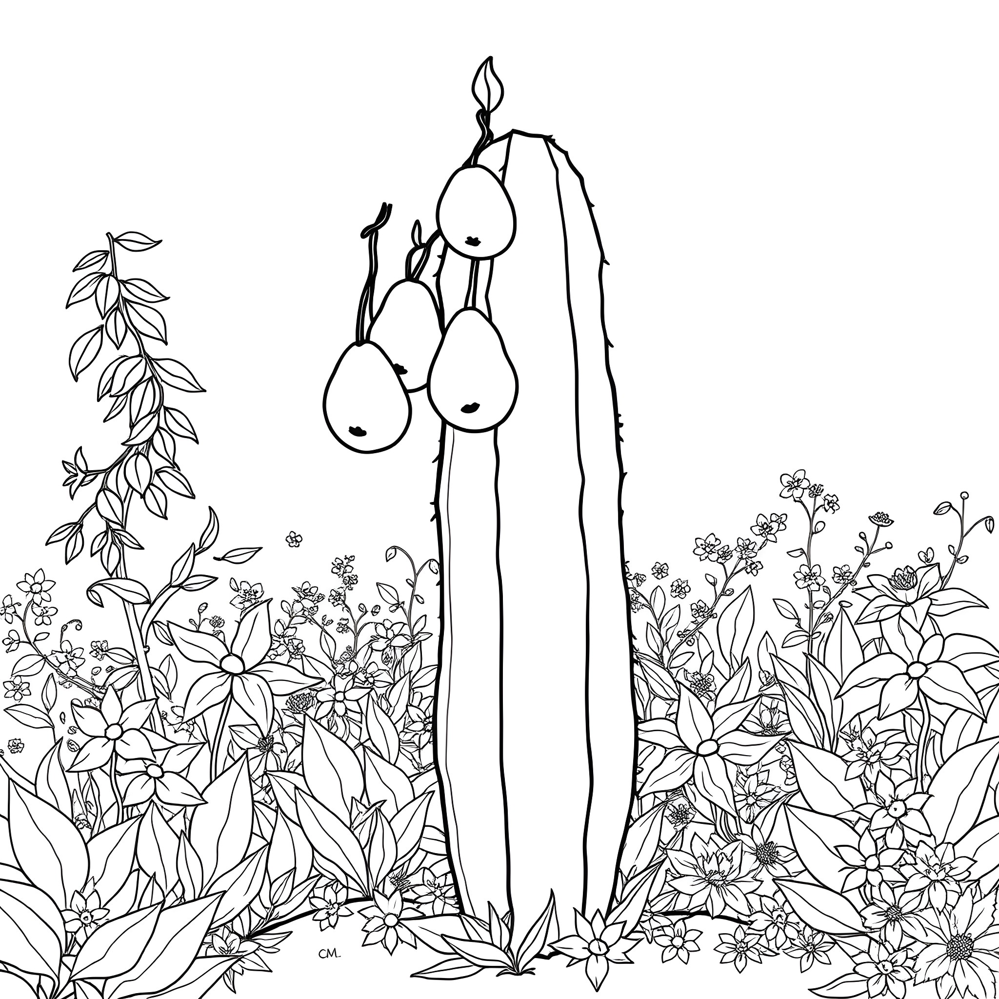 Cactus blooming among colorful flowers Coloring Page (free black-and-white line drawing printable PDF for all, from beginners to advanced learners, including children, teens, adults, and seniors)