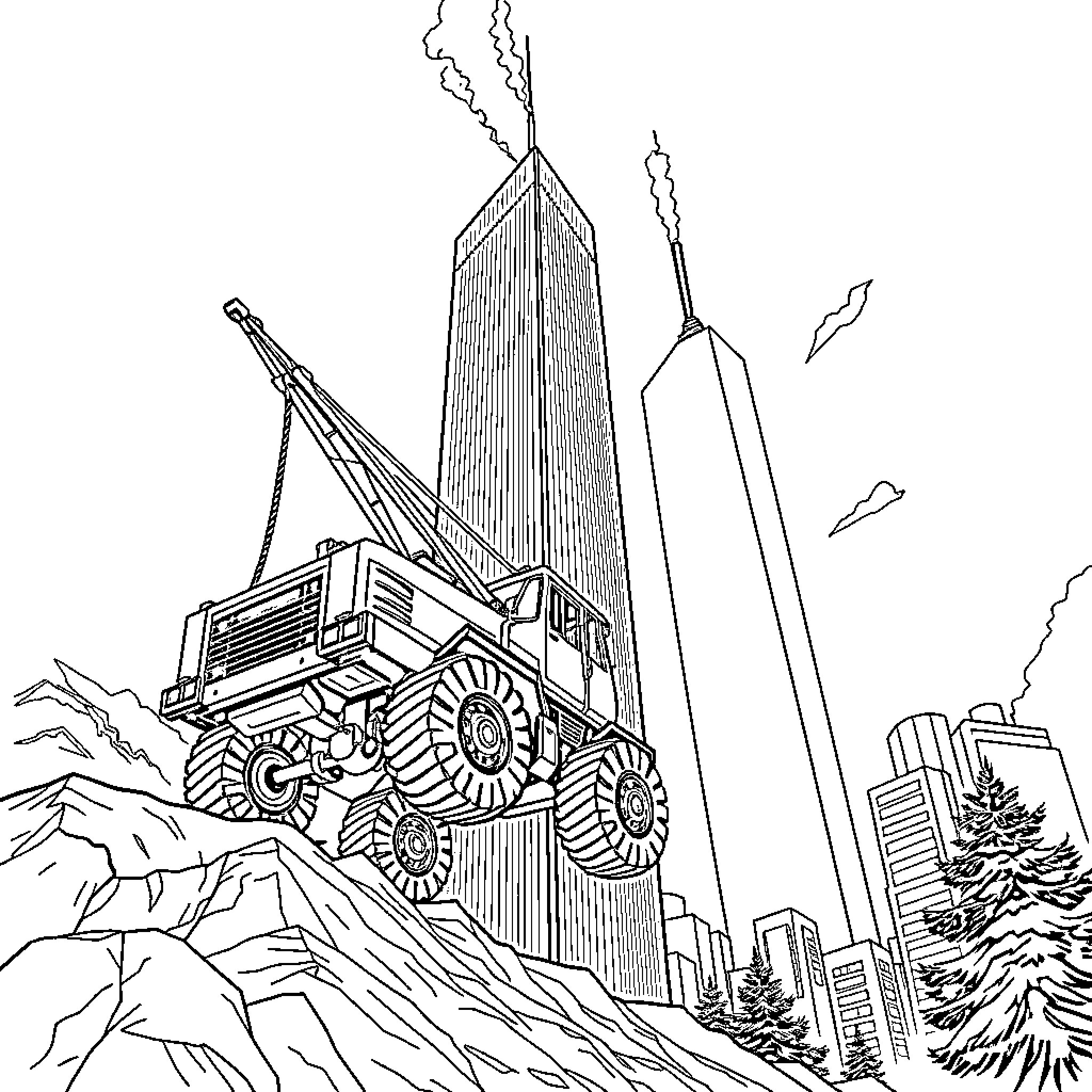 Truck Demolishing Skyscraper in Cityscape Coloring Page (free black-and-white line drawing printable PDF for all, from beginners to advanced learners, including children, teens, adults, and seniors)