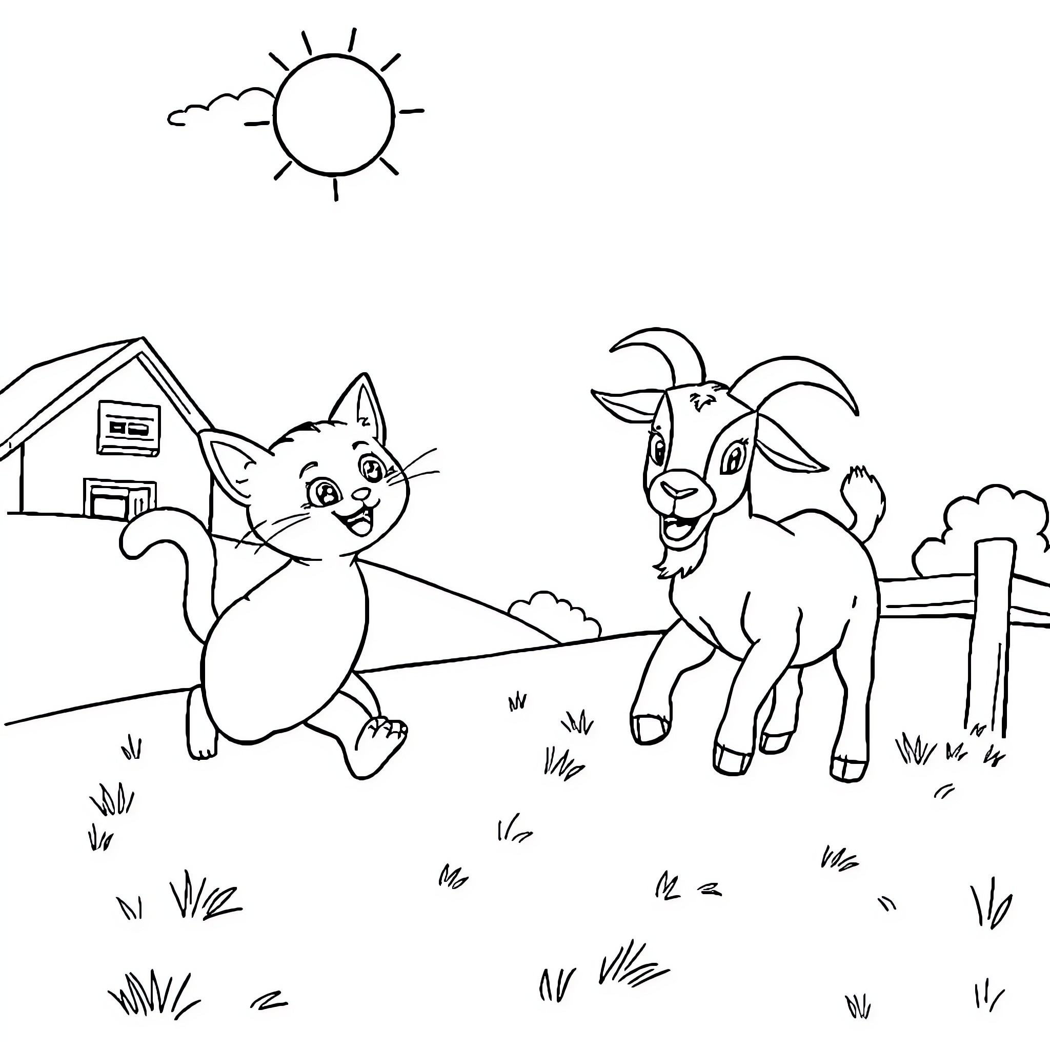 Cat and Goat Enjoying the Sunny Day on the Farm Coloring Page (free black-and-white line drawing printable PDF for all, from beginners to advanced learners, including children, teens, adults, and seniors)