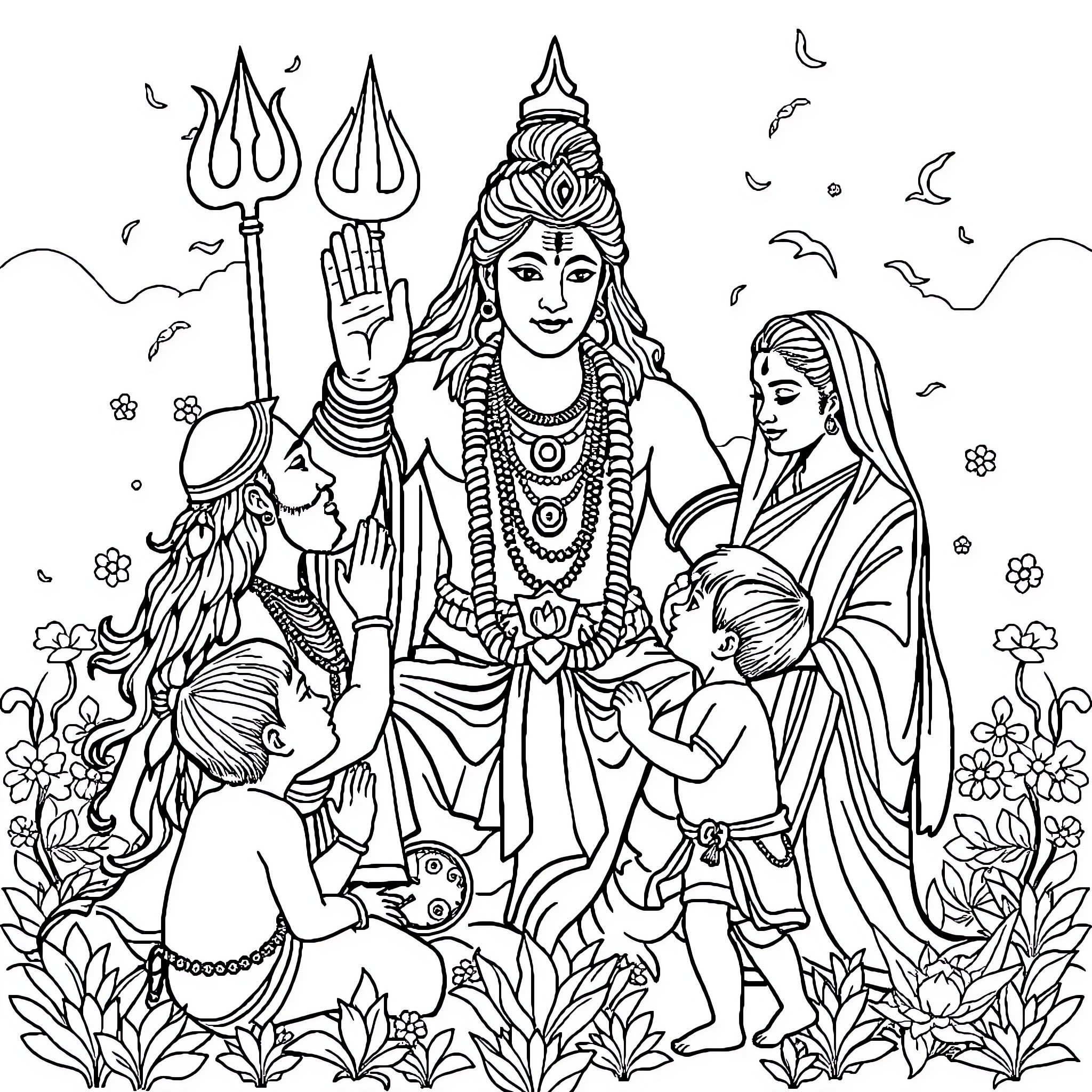 Lord Shiva with family in divine setting Coloring Page (free black-and-white line drawing printable PDF for all, from beginners to advanced learners, including children, teens, adults, and seniors)