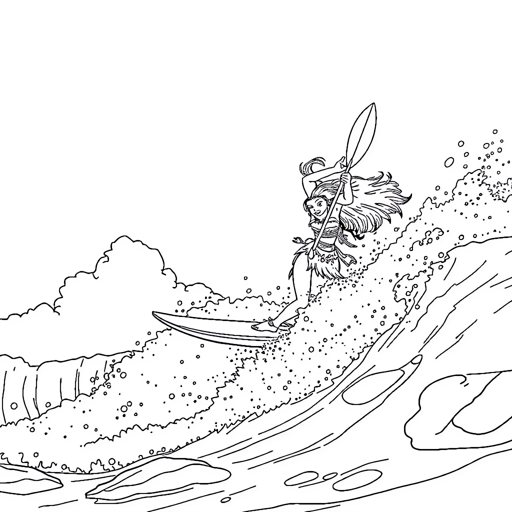 Moana surfing through the waves with determination Coloring Page (free black-and-white line drawing printable PDF for all, from beginners to advanced learners, including children, teens, adults, and seniors)
