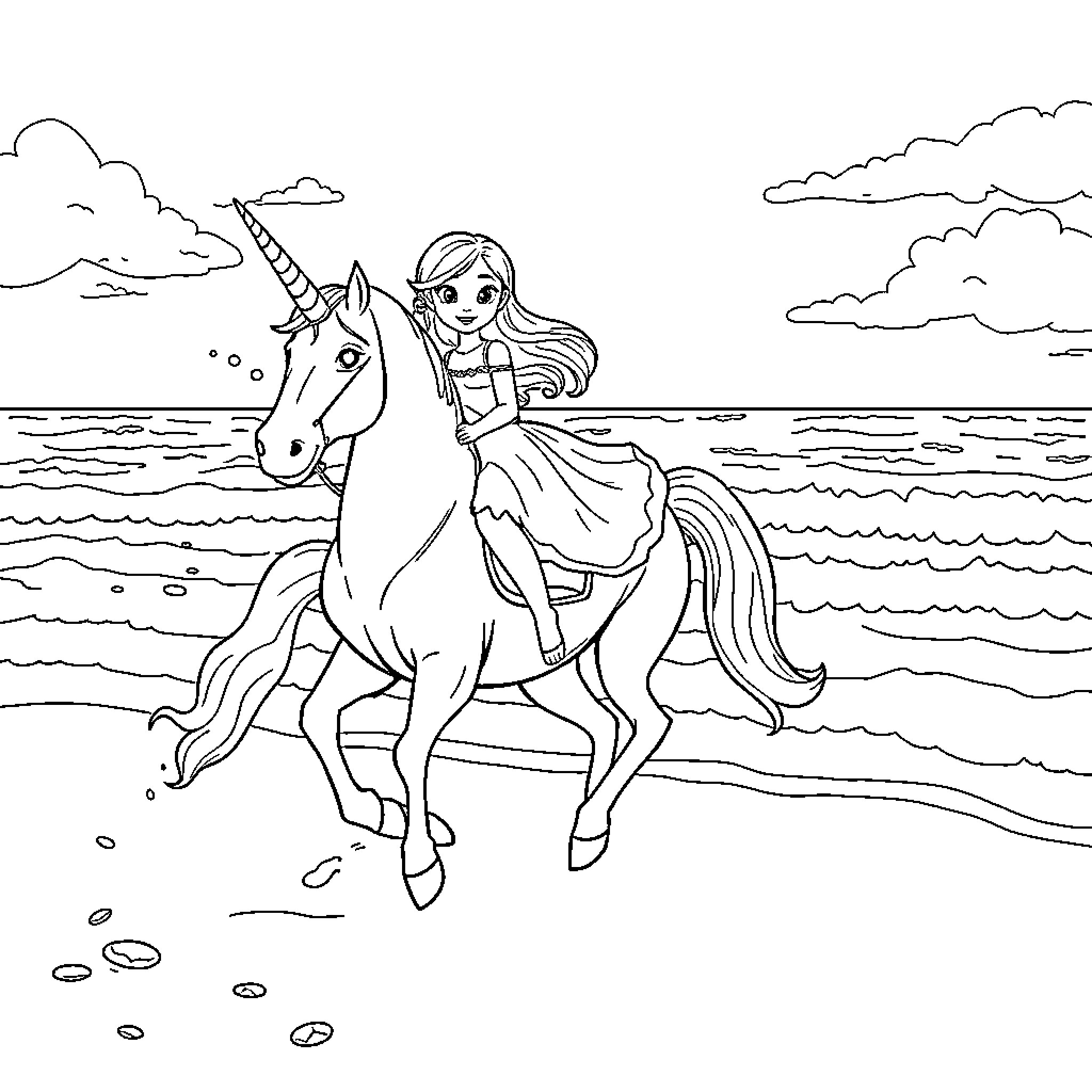 Unicorn Maiden Riding on Magical Creature Coloring Page (free black-and-white line drawing printable PDF for all, from beginners to advanced learners, including children, teens, adults, and seniors)